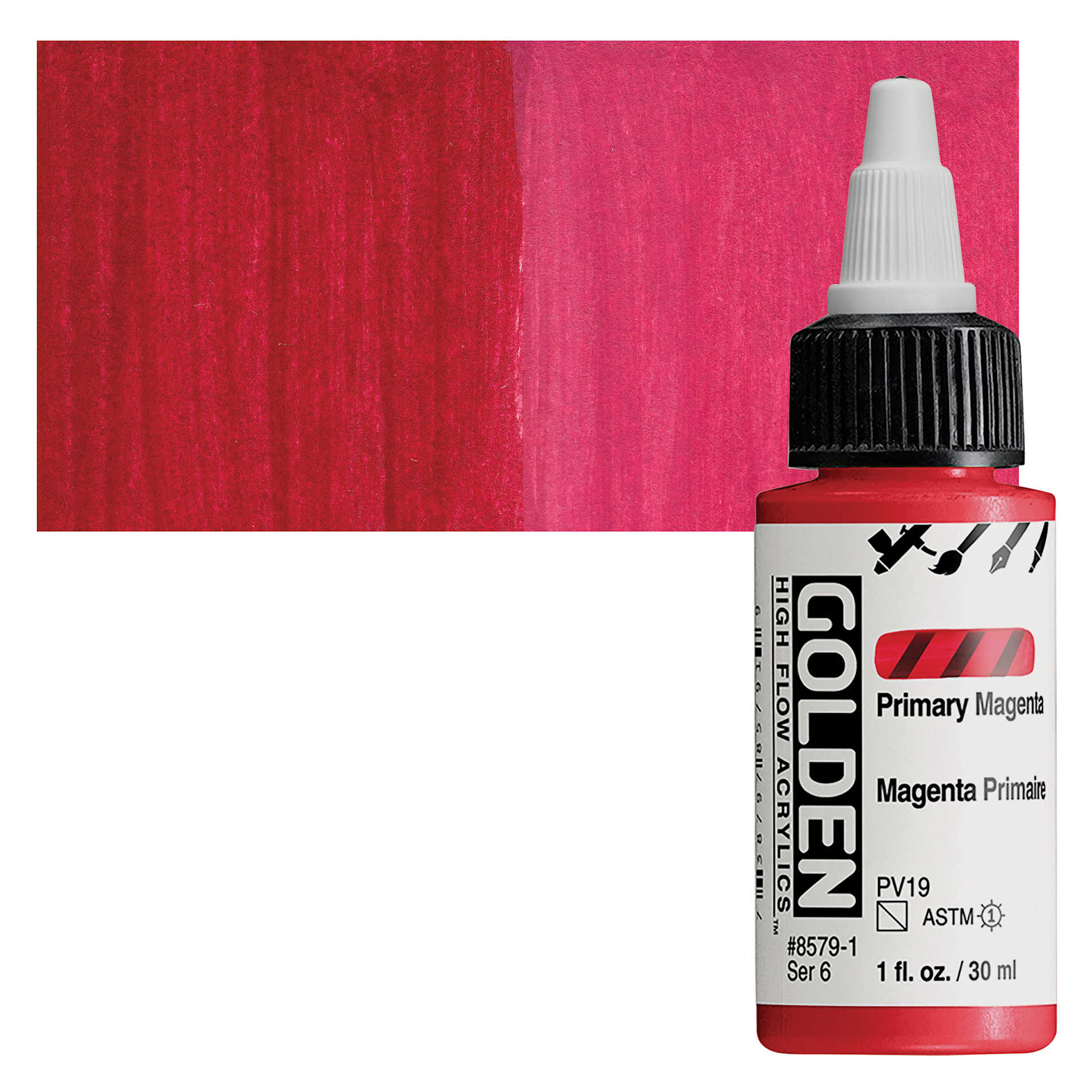 Golden High Flow Acrylic Paint - Primary Magenta, 1 oz bottle and swatch