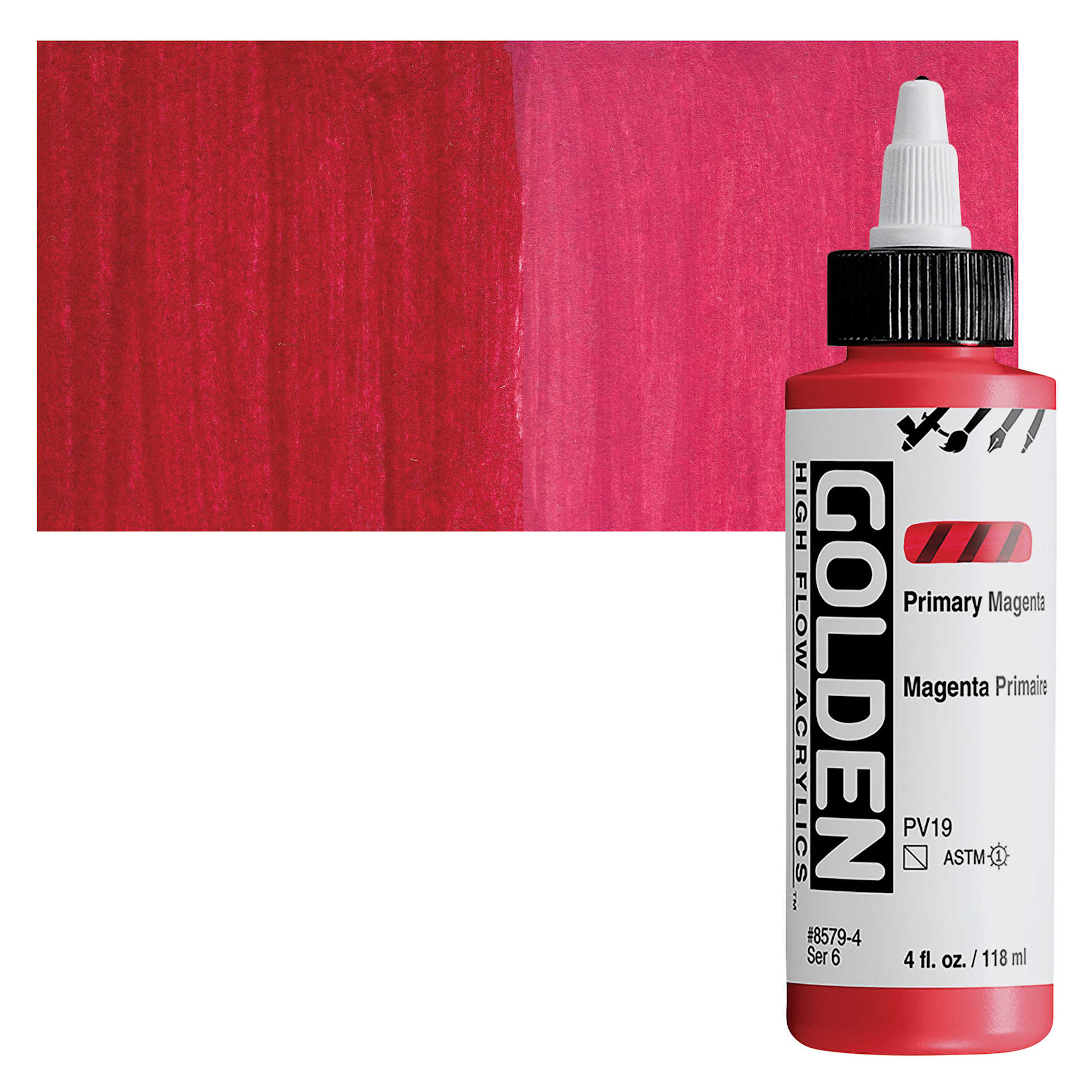 Golden High Flow Acrylic Paint - Primary Magenta, 4 oz bottle and swatch