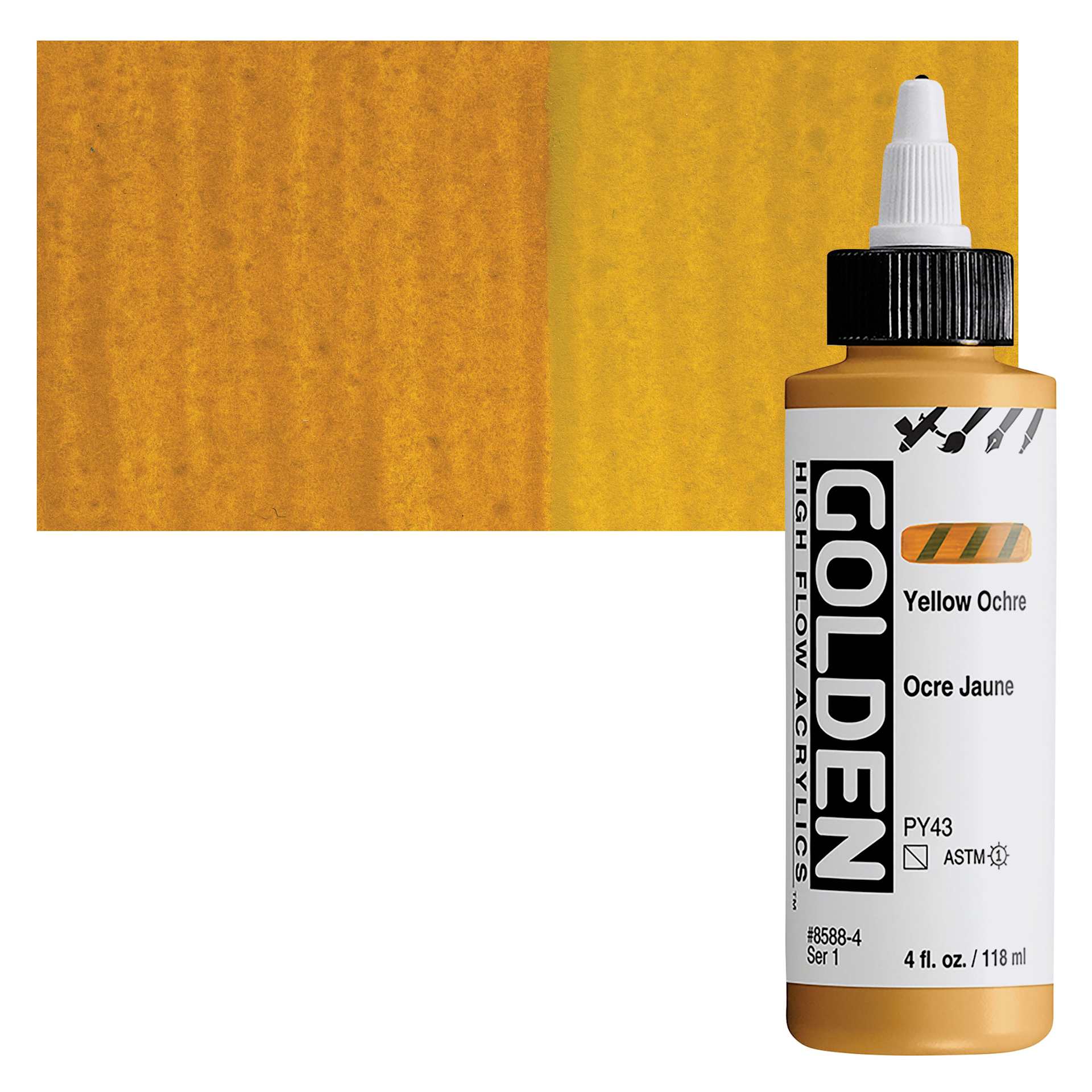 Golden High Flow Acrylic Paint - Yellow Ochre, 4 oz bottle and swatch