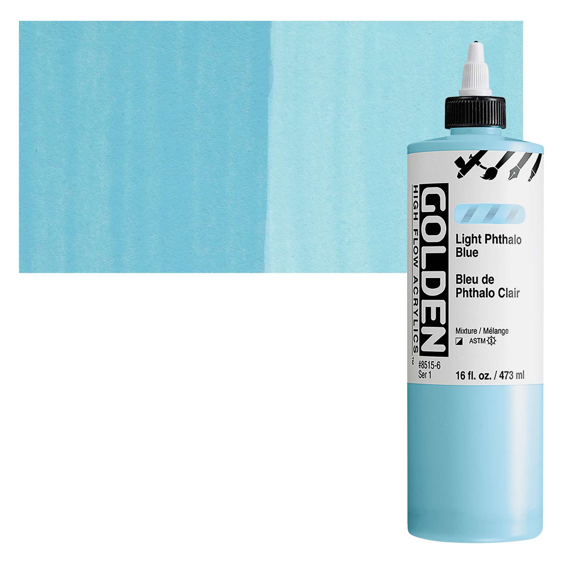 Golden High Flow Acrylic Paint - Light Phthalo Blue, 16 oz bottle and swatch