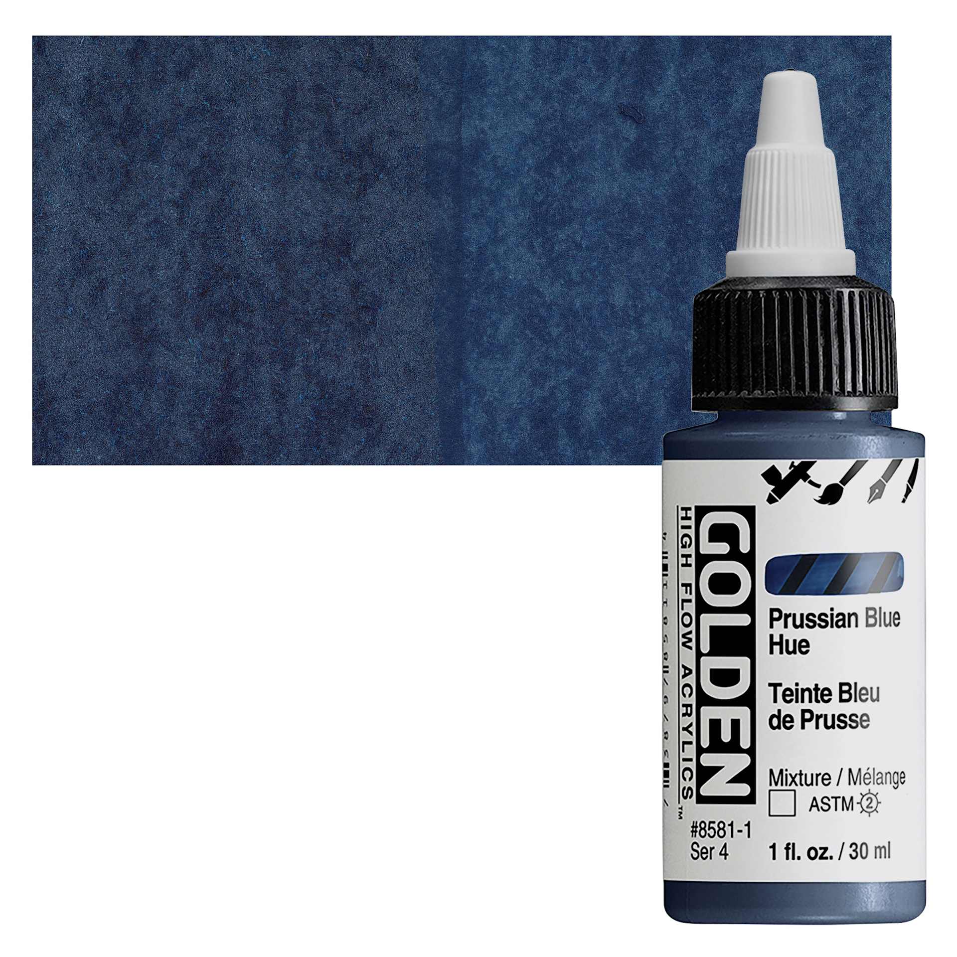 Golden High Flow Acrylic Paint - Prussian Blue Hue, 1 oz bottle and swatch