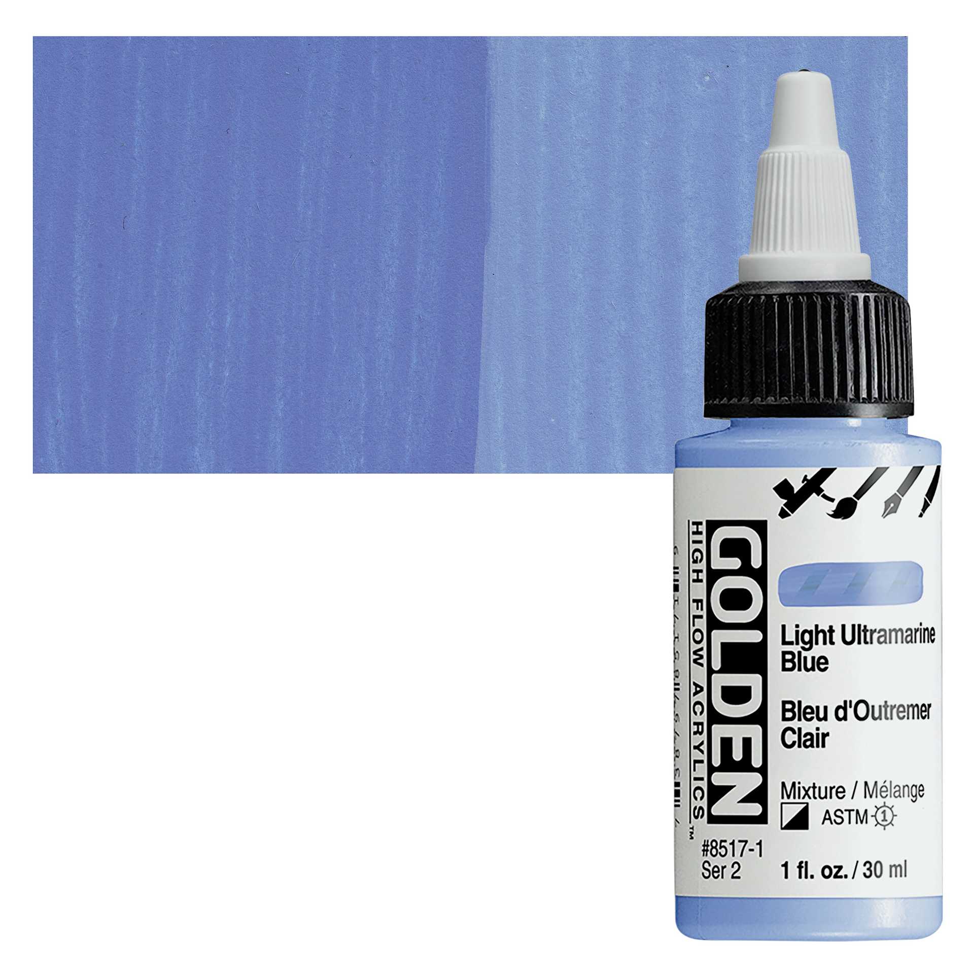 Golden High Flow Acrylic Paint - Light Ultramarine Blue, 1 oz bottle and swatch