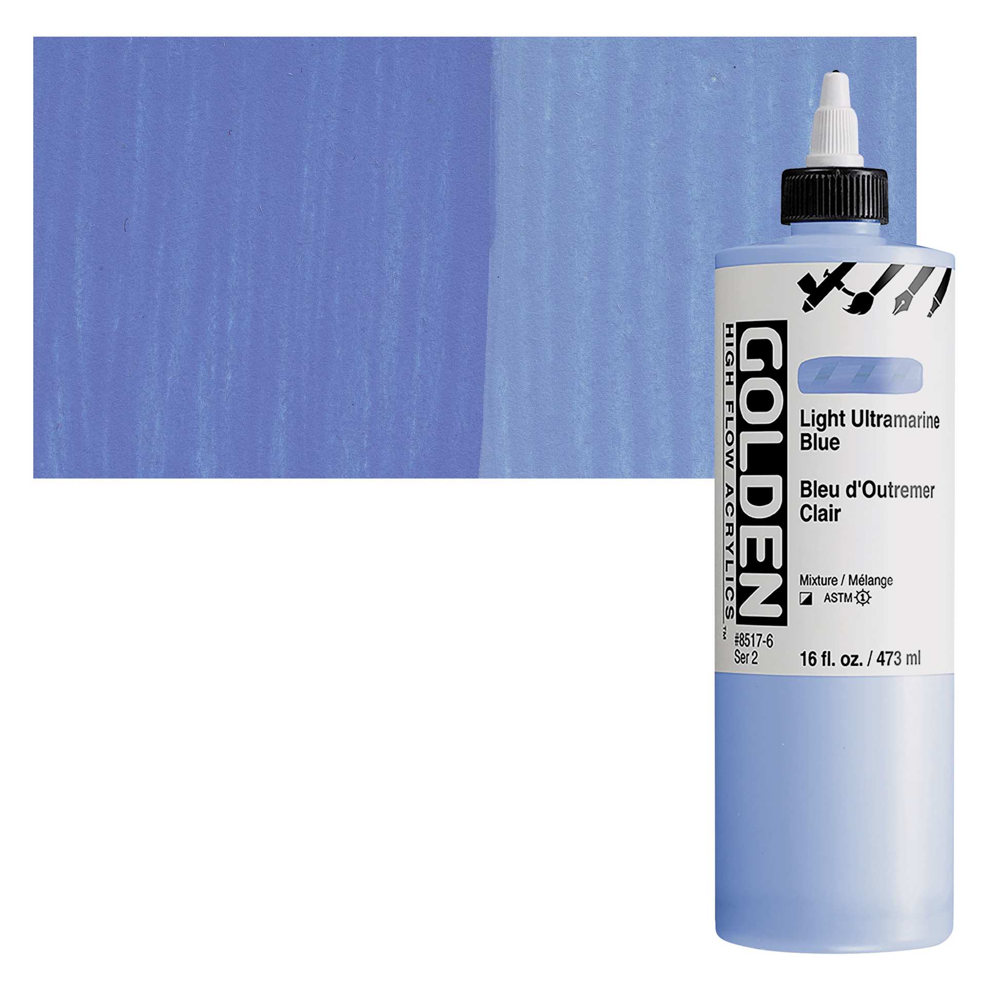 Golden High Flow Acrylic Paint - Light Ultramarine Blue, 16 oz bottle and swatch