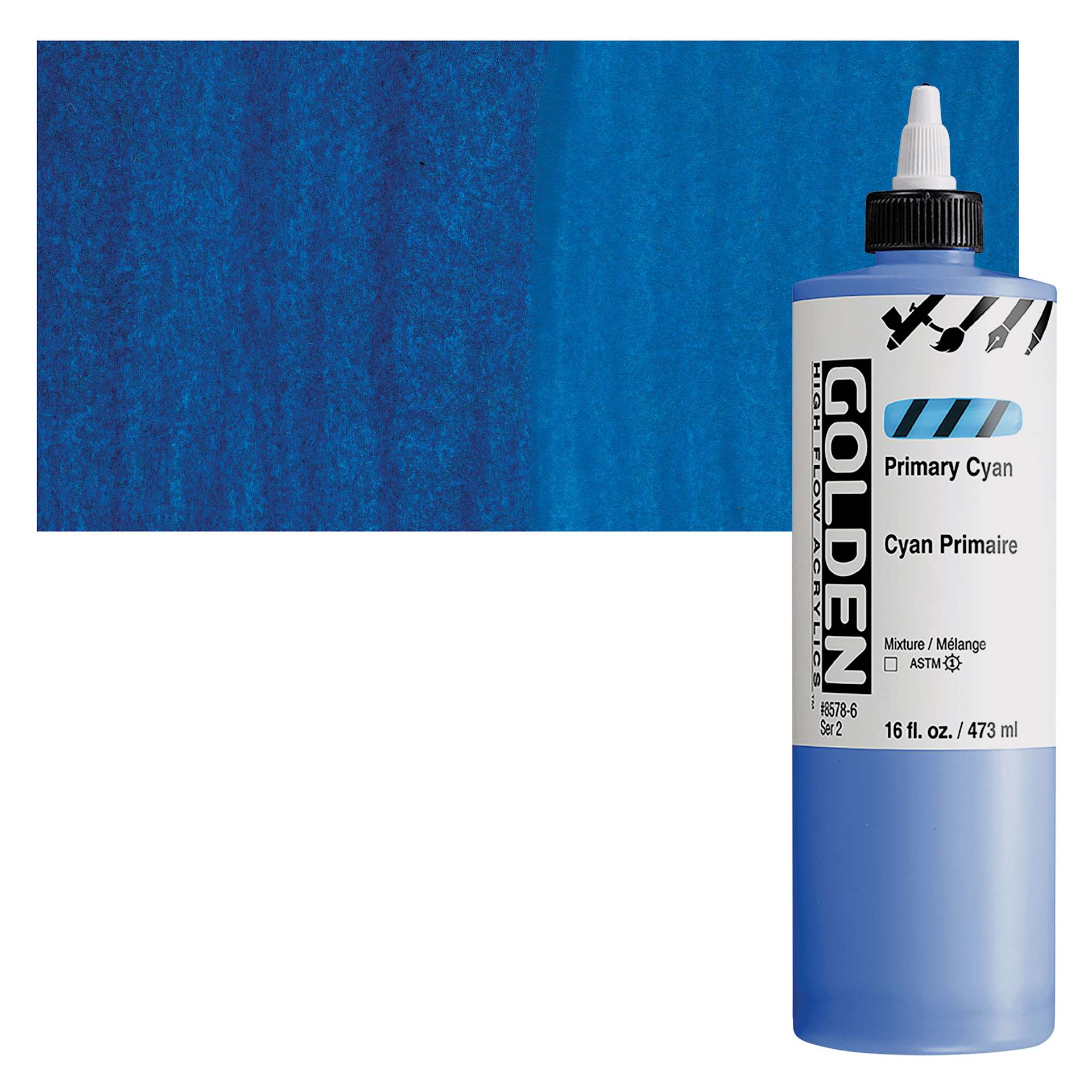 Golden High Flow Acrylic Paint - Primary Cyan, 16 oz bottle and swatch