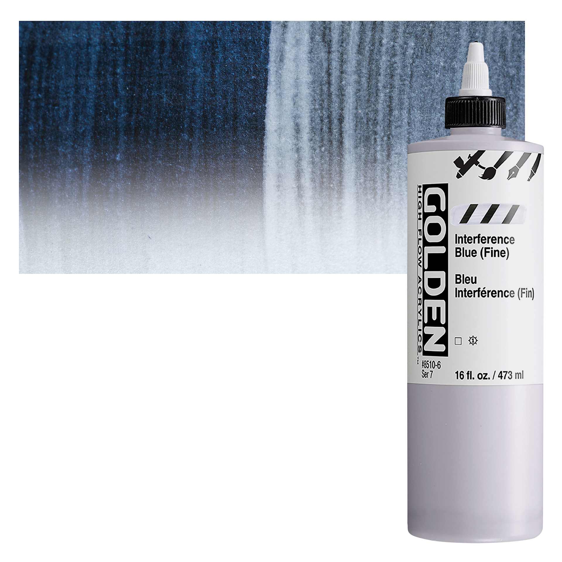 Golden High Flow Acrylic Paint - Interference Blue (Fine), 16 oz bottle and swatch