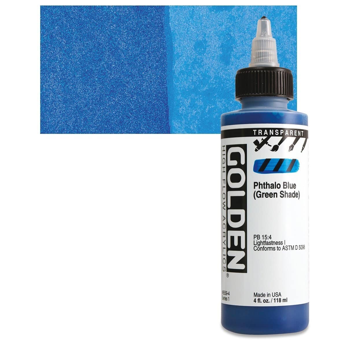 Golden High Flow Acrylic Paint - Transparent Phthalo Blue (Green Shade), 4 oz bottle and swatch