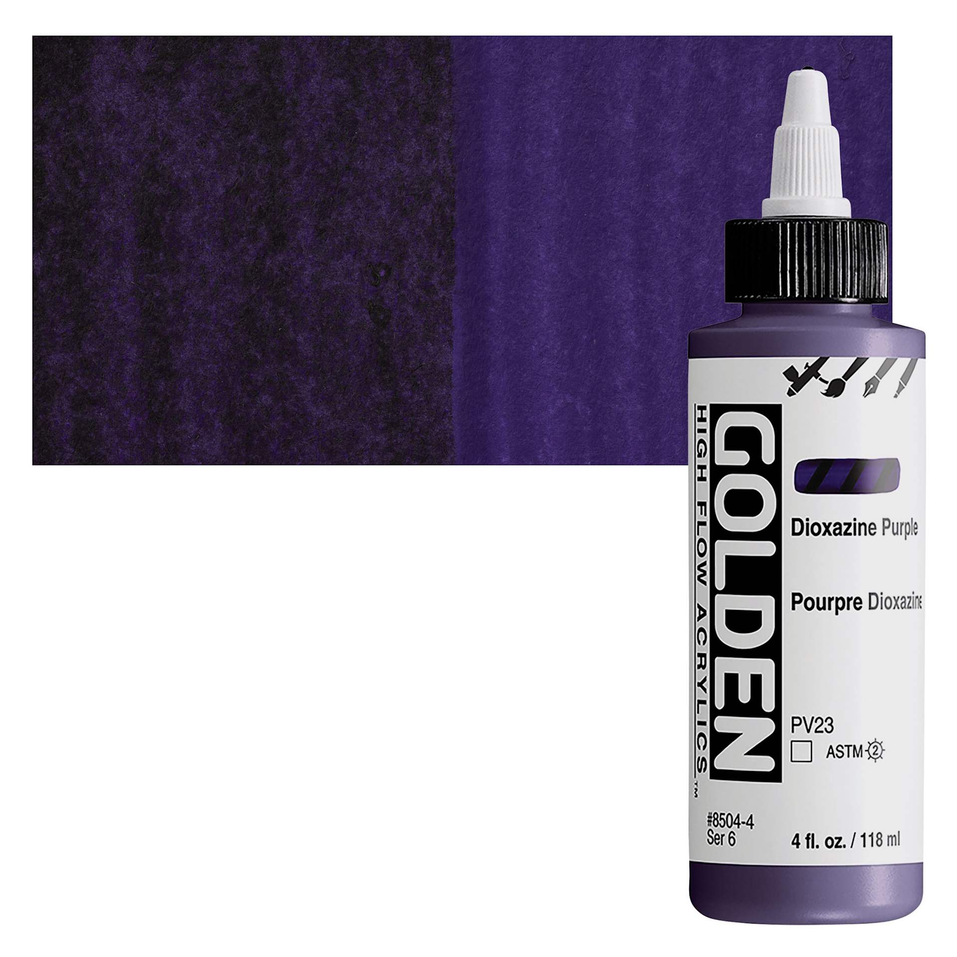 Golden High Flow Acrylic Paint - Dioxazine Purple, 4 oz bottle and swatch