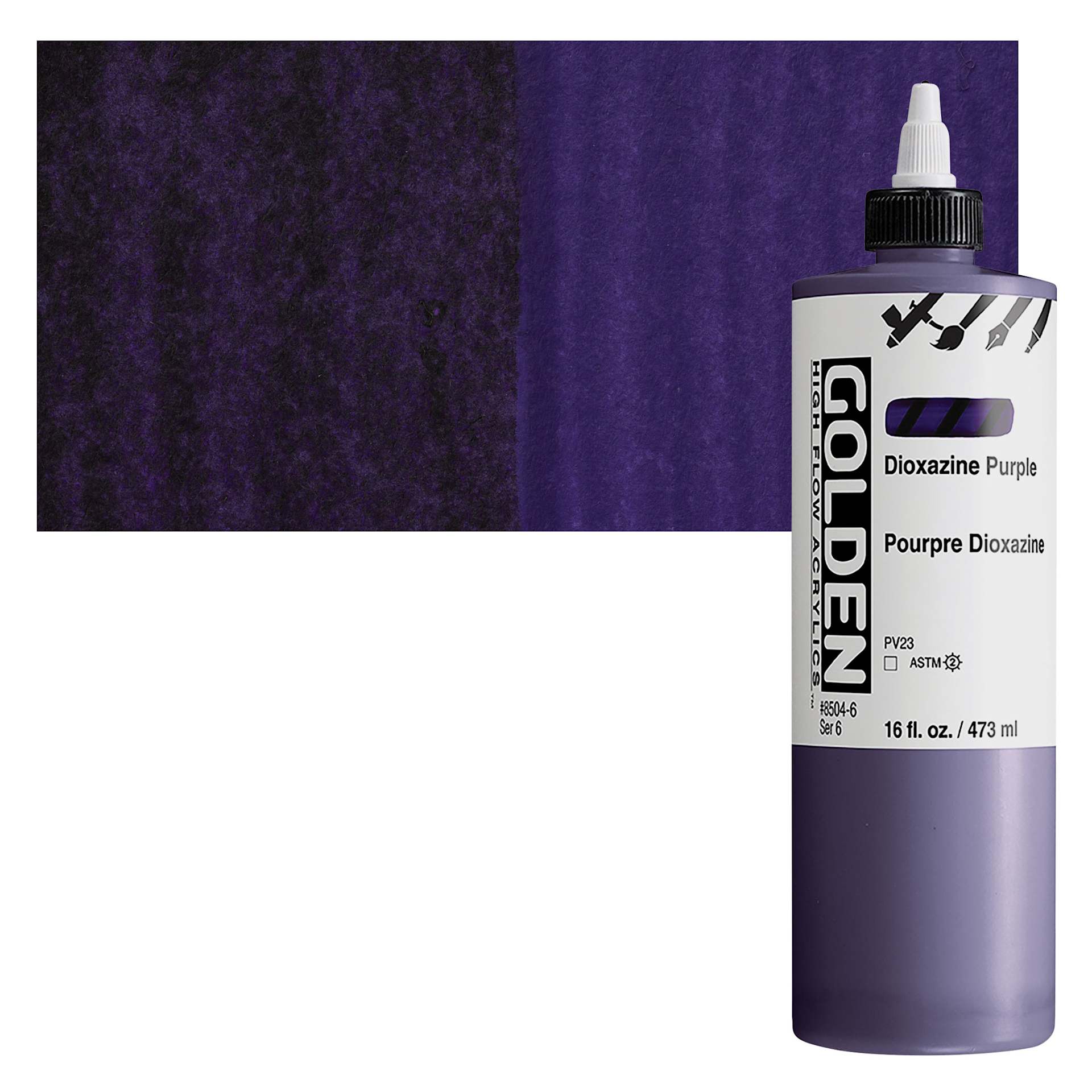 Golden High Flow Acrylic Paint - Dioxazine Purple, 16 oz bottle and swatch