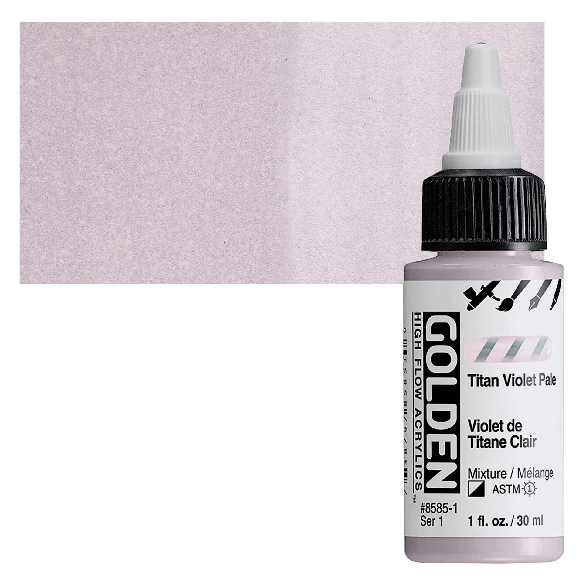 Golden High Flow Acrylic Paint - Titan Violet Pale, 1 oz bottle and swatch