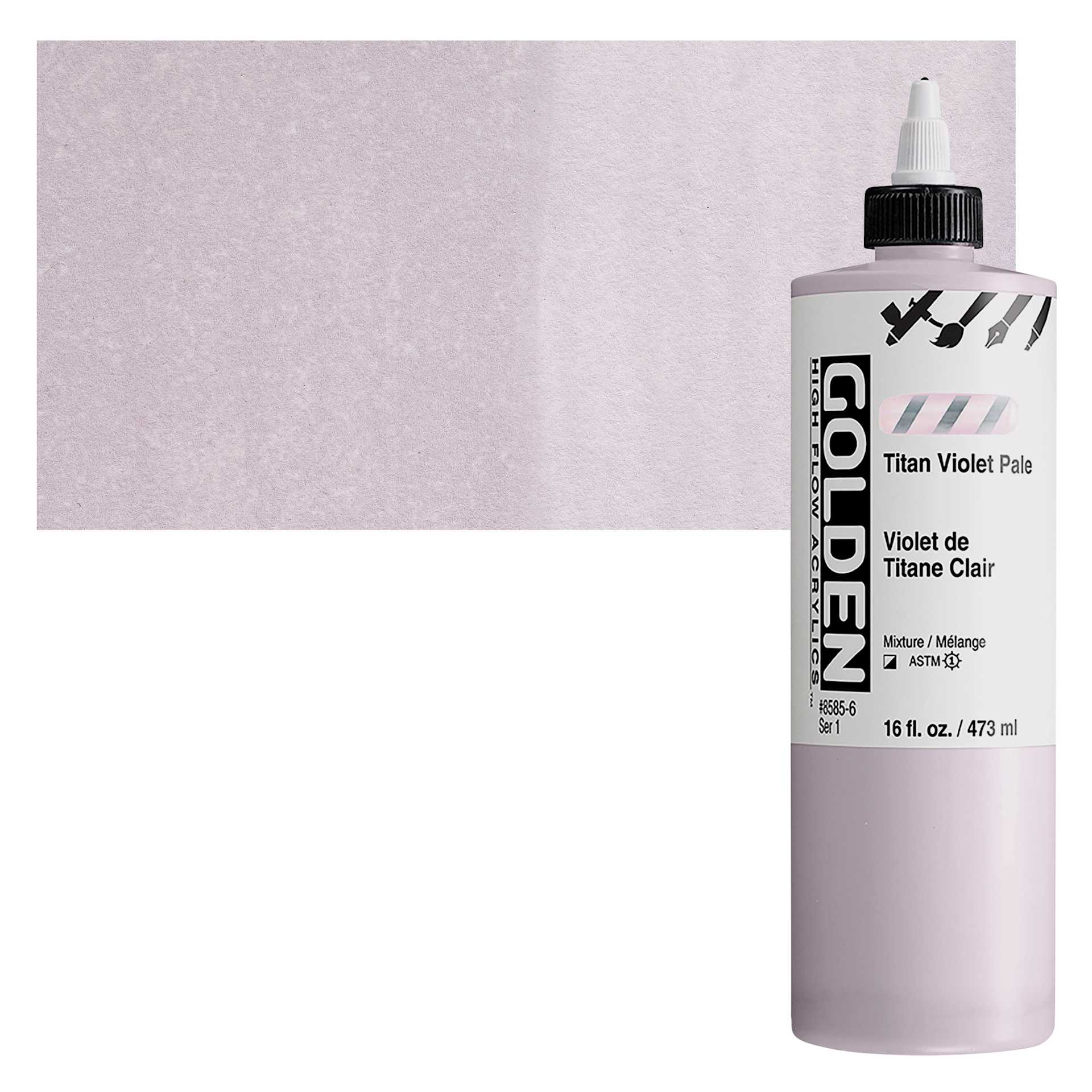 Golden High Flow Acrylic Paint - Titan Violet Pale, 16 oz bottle and swatch