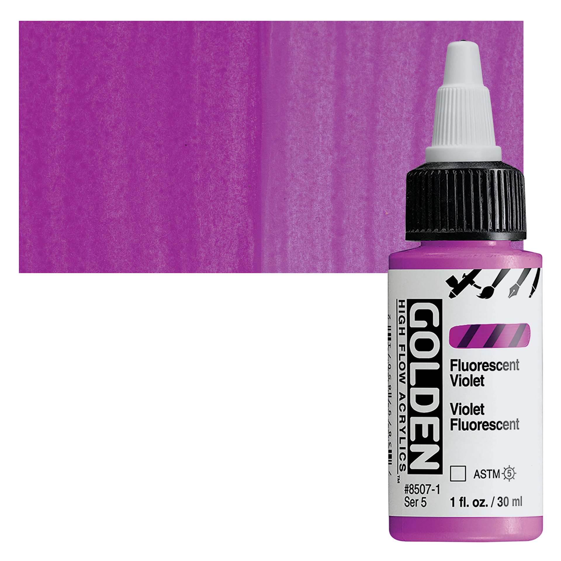 Golden High Flow Acrylic Paint - Fluorescent Violet, 1 oz bottle and swatch