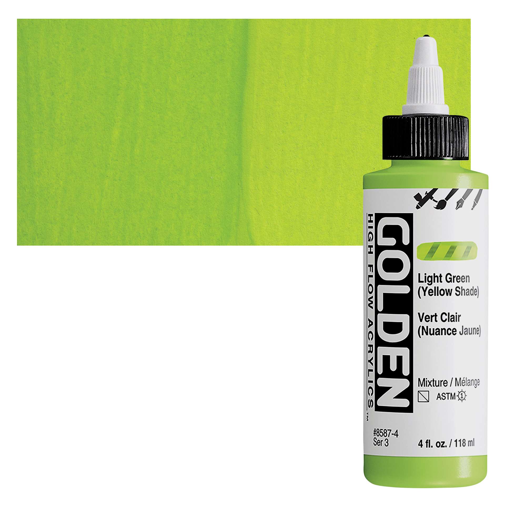 Golden High Flow Acrylic Paint - Light Green (Yellow Shade), 4 oz bottle and swatch