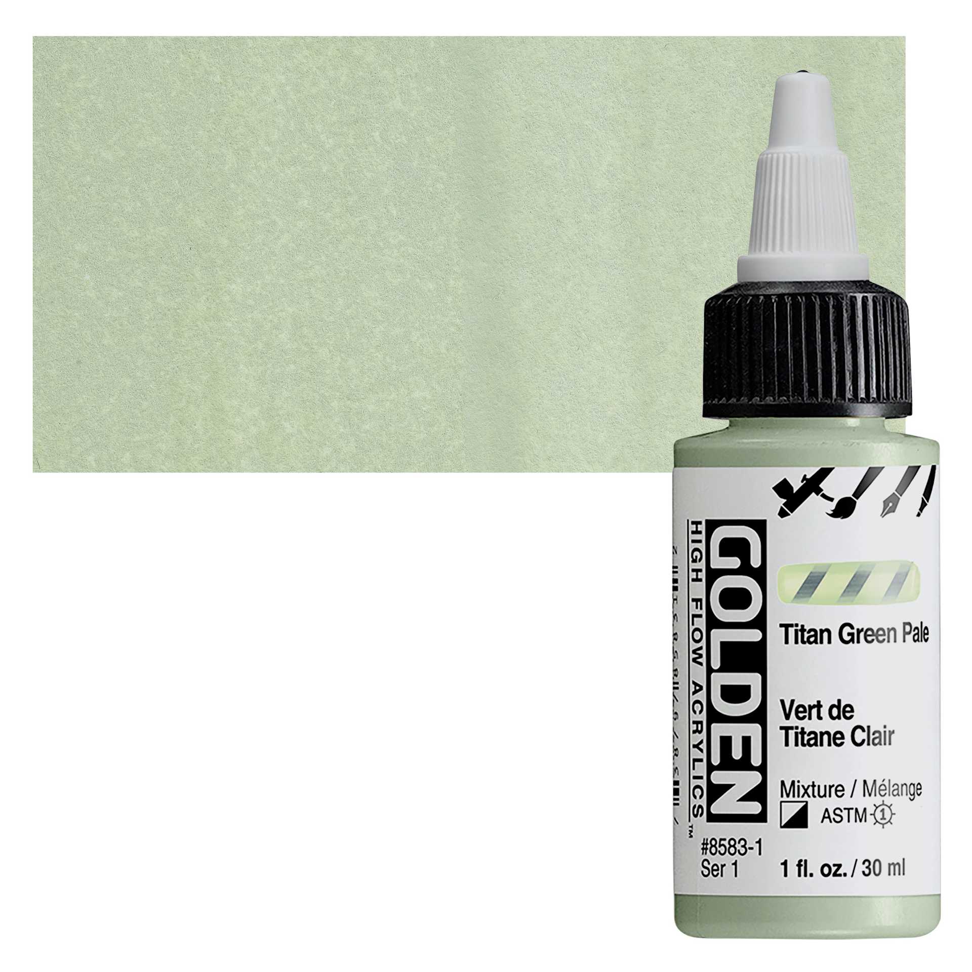 Golden High Flow Acrylics - Titan Green Pale, 1 oz bottle and swatch