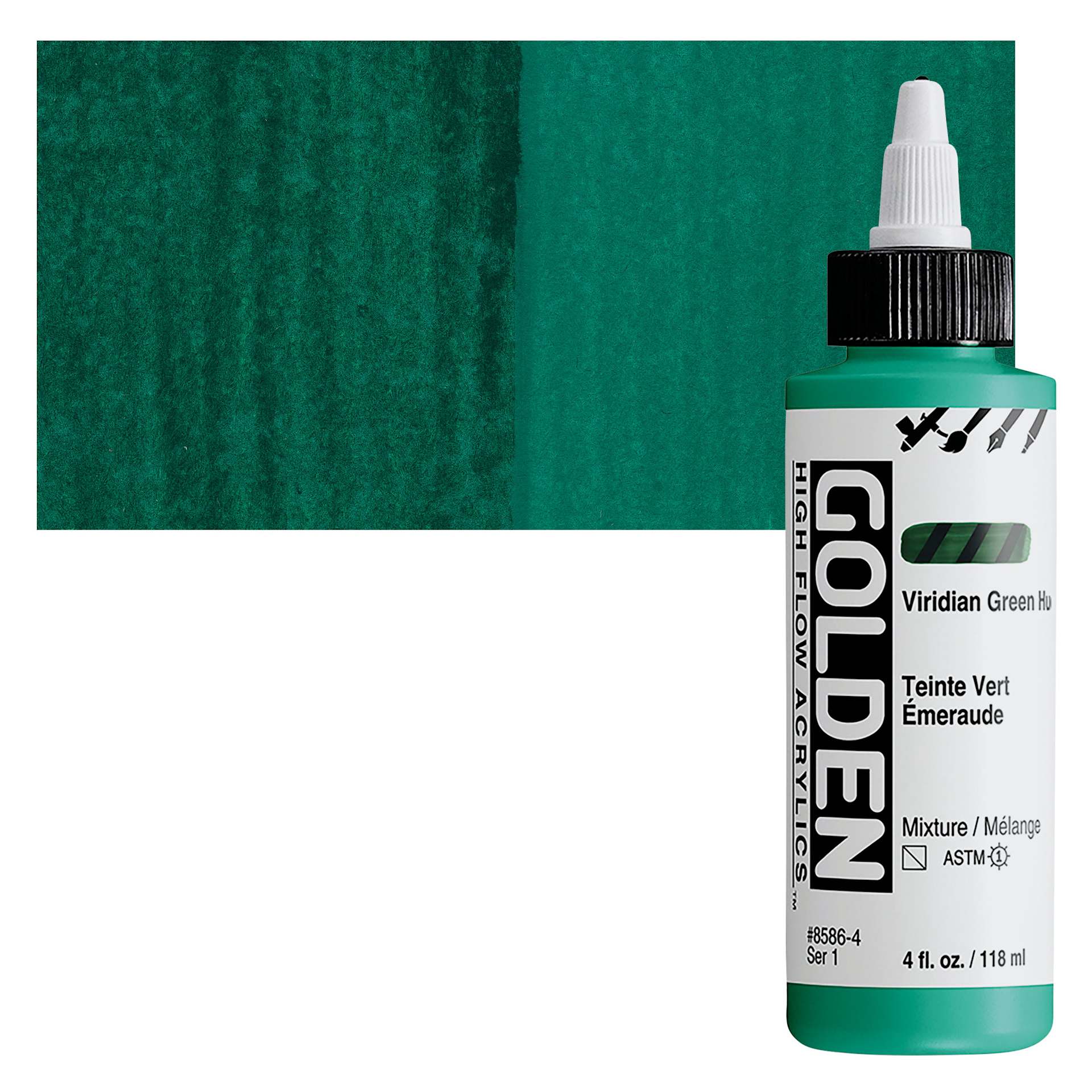Golden High Flow Acrylic Paint - Viridian Green Hue, 4 oz bottle and swatch