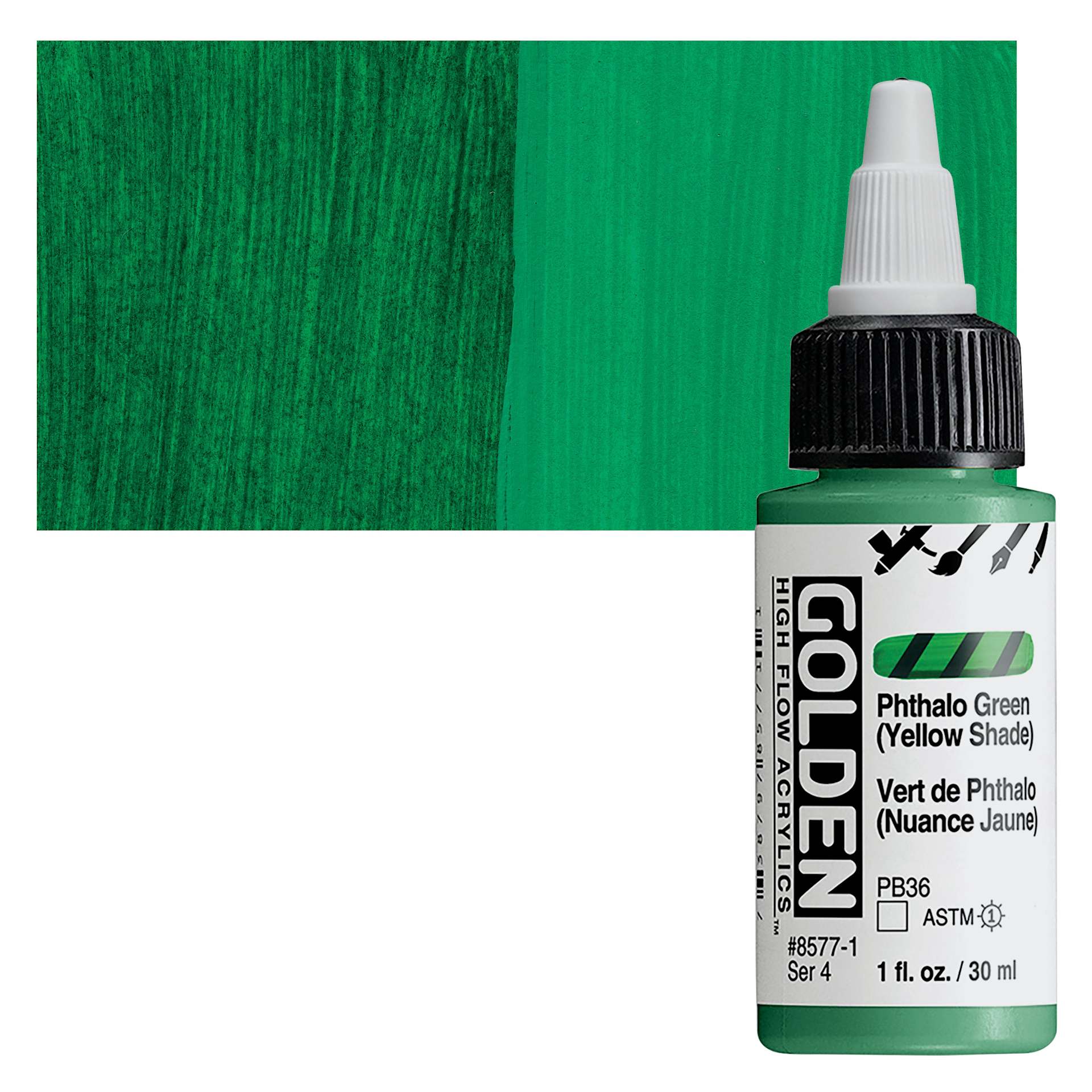 Golden High Flow Acrylic Paint - Phthalo Green (Yellow Shade), 1 oz bottle and swatch