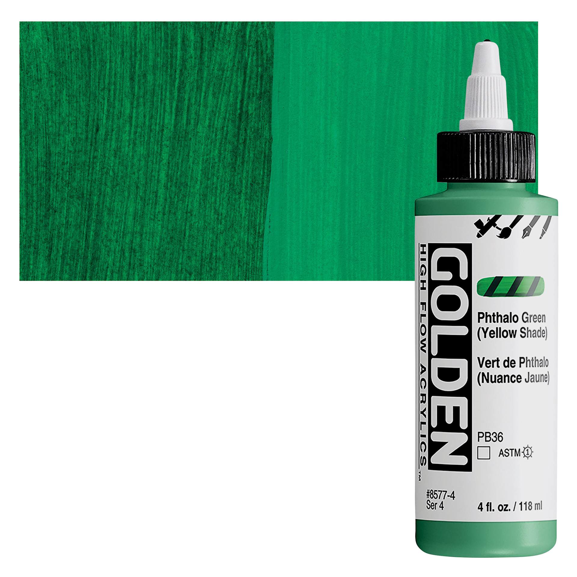 Golden High Flow Acrylic Paint - Phthalo Green (Yellow Shade), 4 oz bottle and swatch