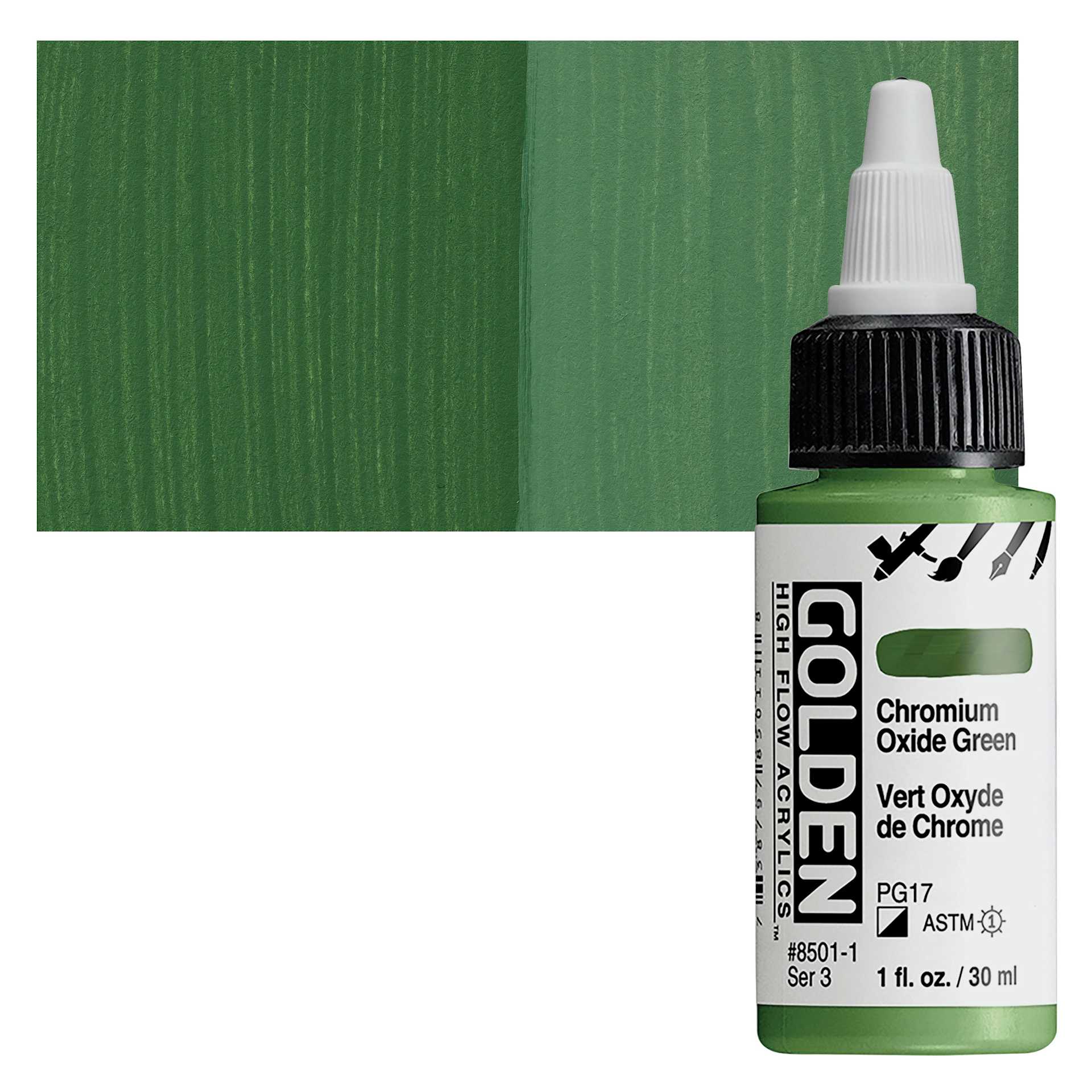 Golden High Flow Acrylic Paint - Chromium Oxide Green, 1 oz bottle and swatch