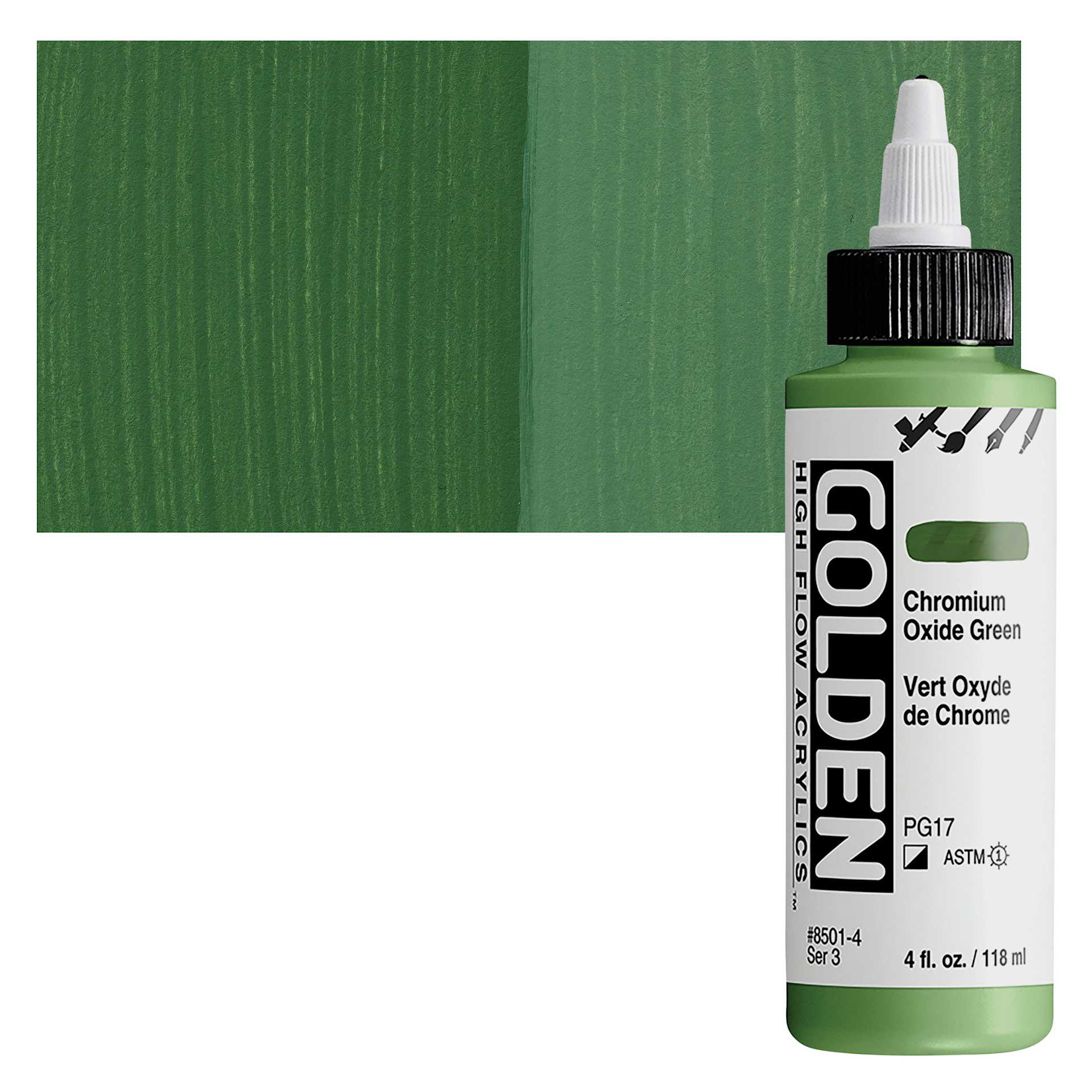 Golden High Flow Acrylic Paint - Chromium Oxide Green, 4 oz bottle and swatch