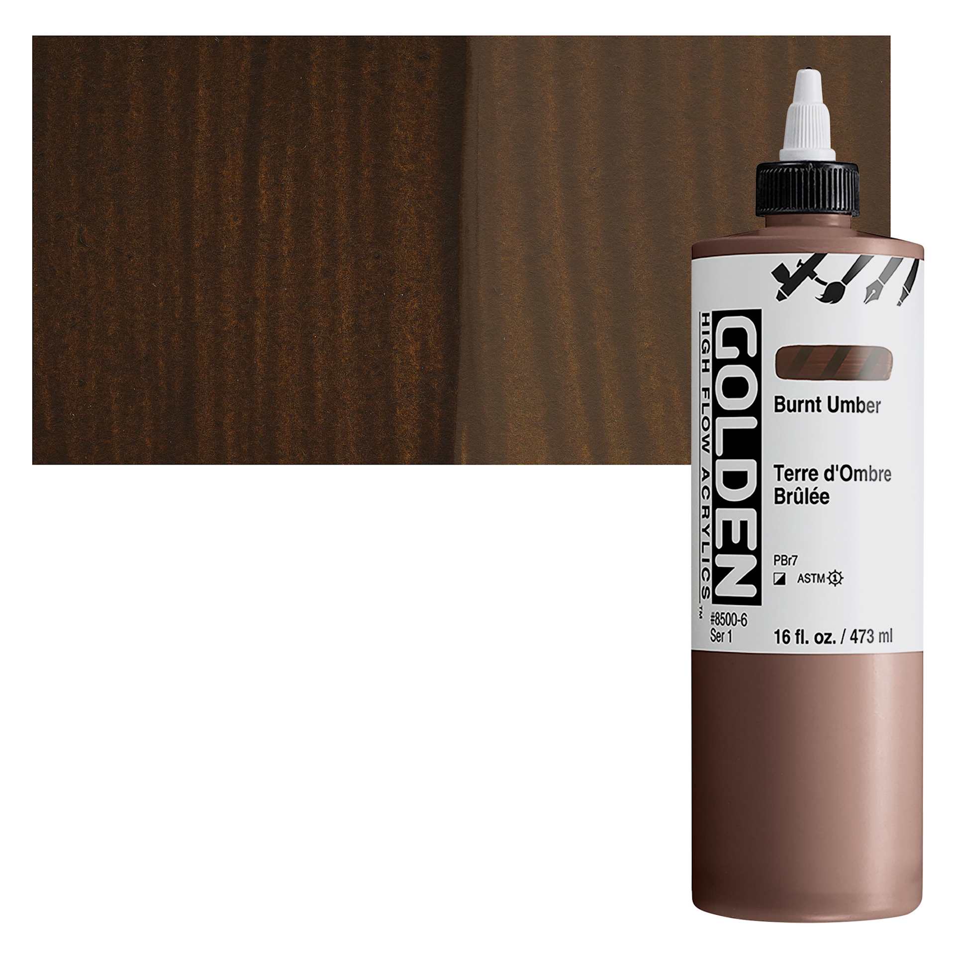 Golden High Flow Acrylic Paint - Burnt Umber, 16 oz bottle and swatch