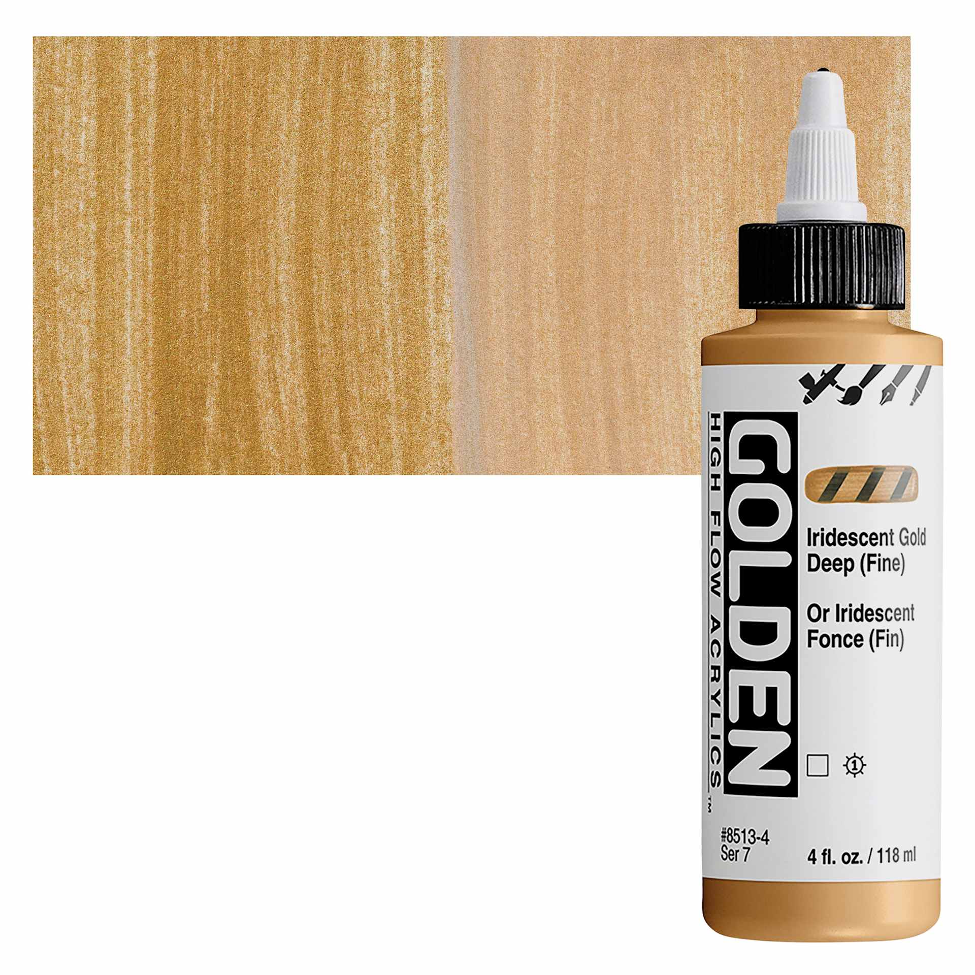 Golden High Flow Acrylic Paint - Iridescent Gold Deep (Fine), 4 oz bottle and swatch
