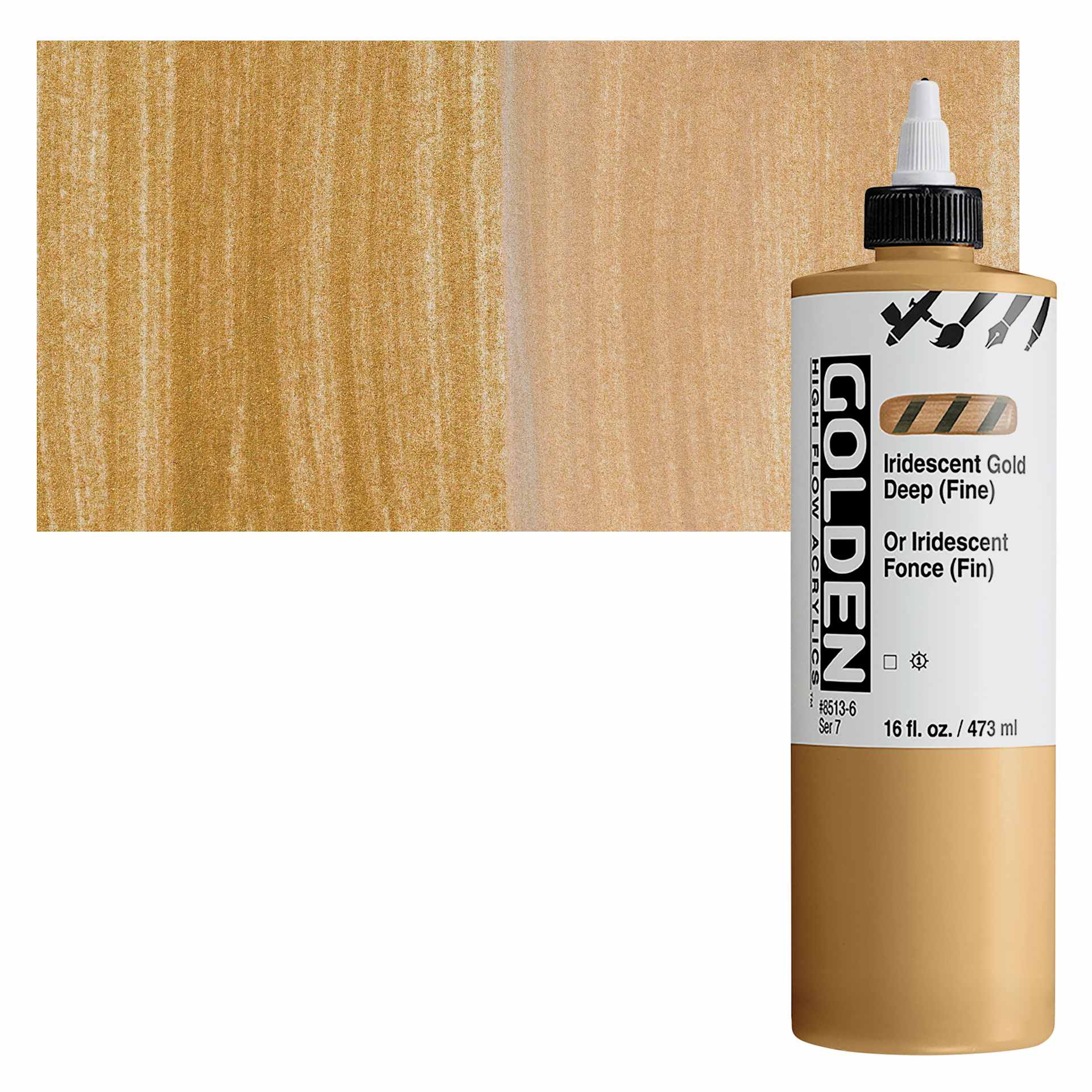 Golden High Flow Acrylic Paint - Iridescent Gold Deep (Fine), 16 oz bottle and swatch
