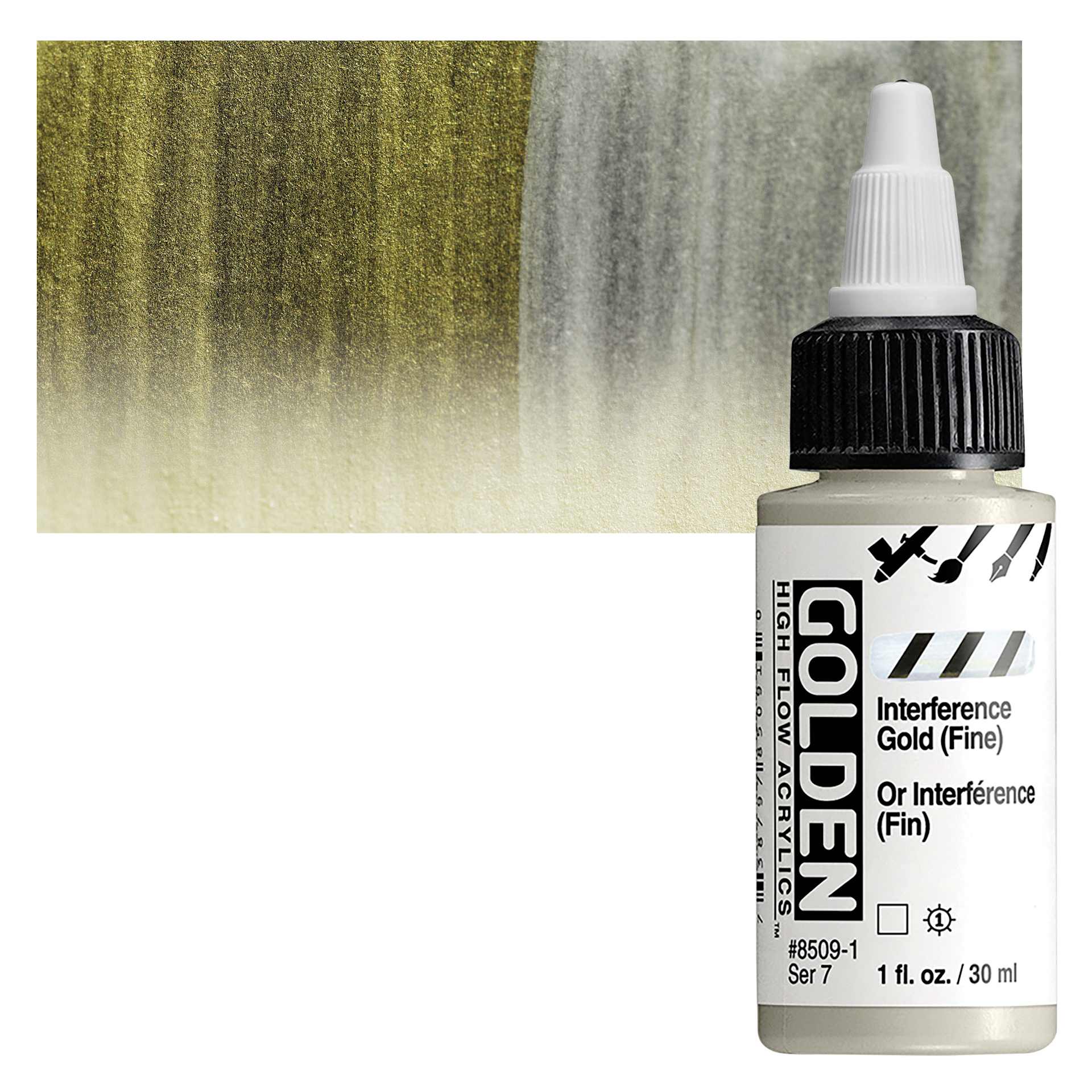 Golden High Flow Acrylic Paint - Interference Gold (Fine), 1 oz bottle and swatch