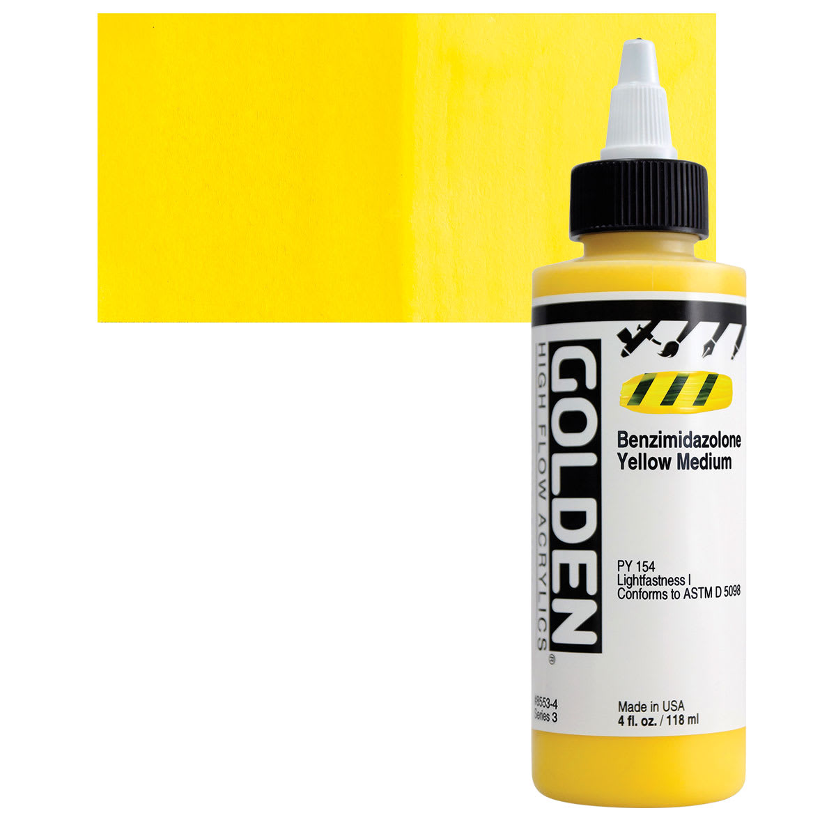 Golden High Flow Acrylic Paint - Benzimidazolone Yellow Medium, 4 oz bottle and swatch