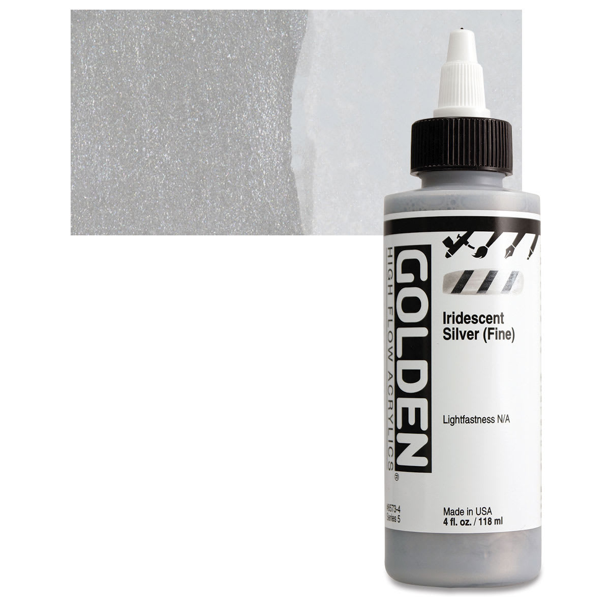 Golden High Flow Acrylic Paint - Iridescent Silver (Fine), 4 oz bottle and swatch