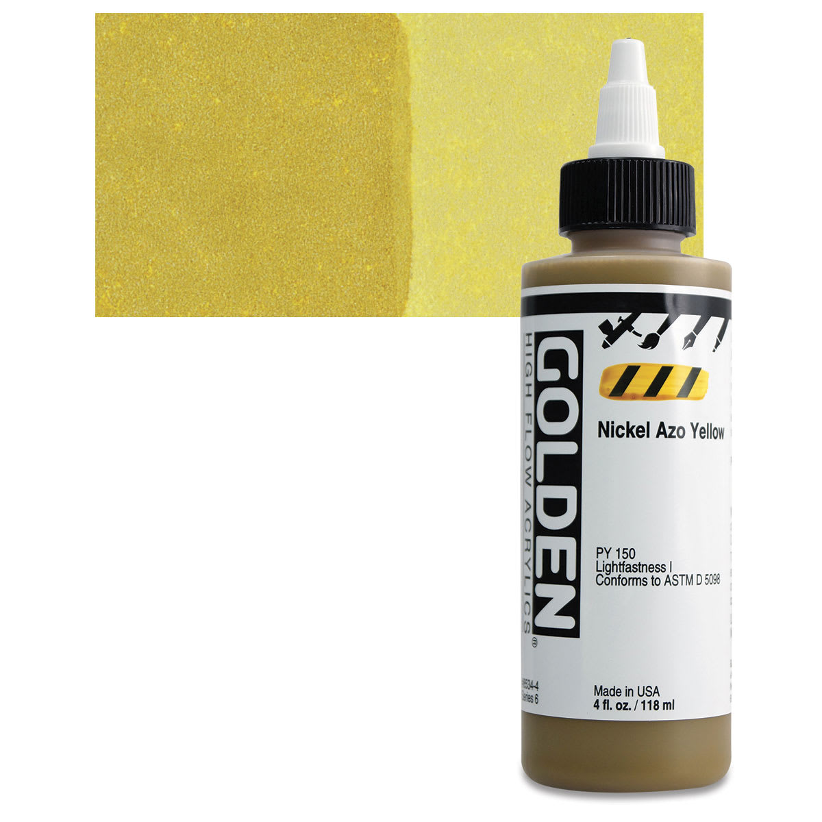 Golden High Flow Acrylic Paint - Nickel Azo Yellow, 4 oz bottle and swatch