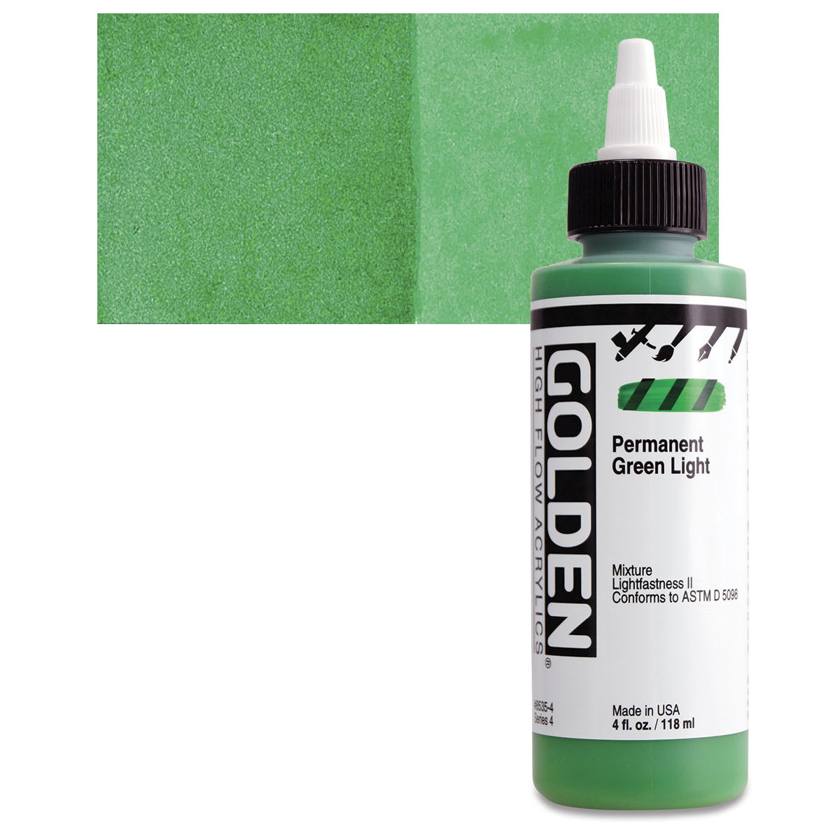 Golden High Flow Acrylic Paint - Permanent Green Light, 4 oz bottle and swatch