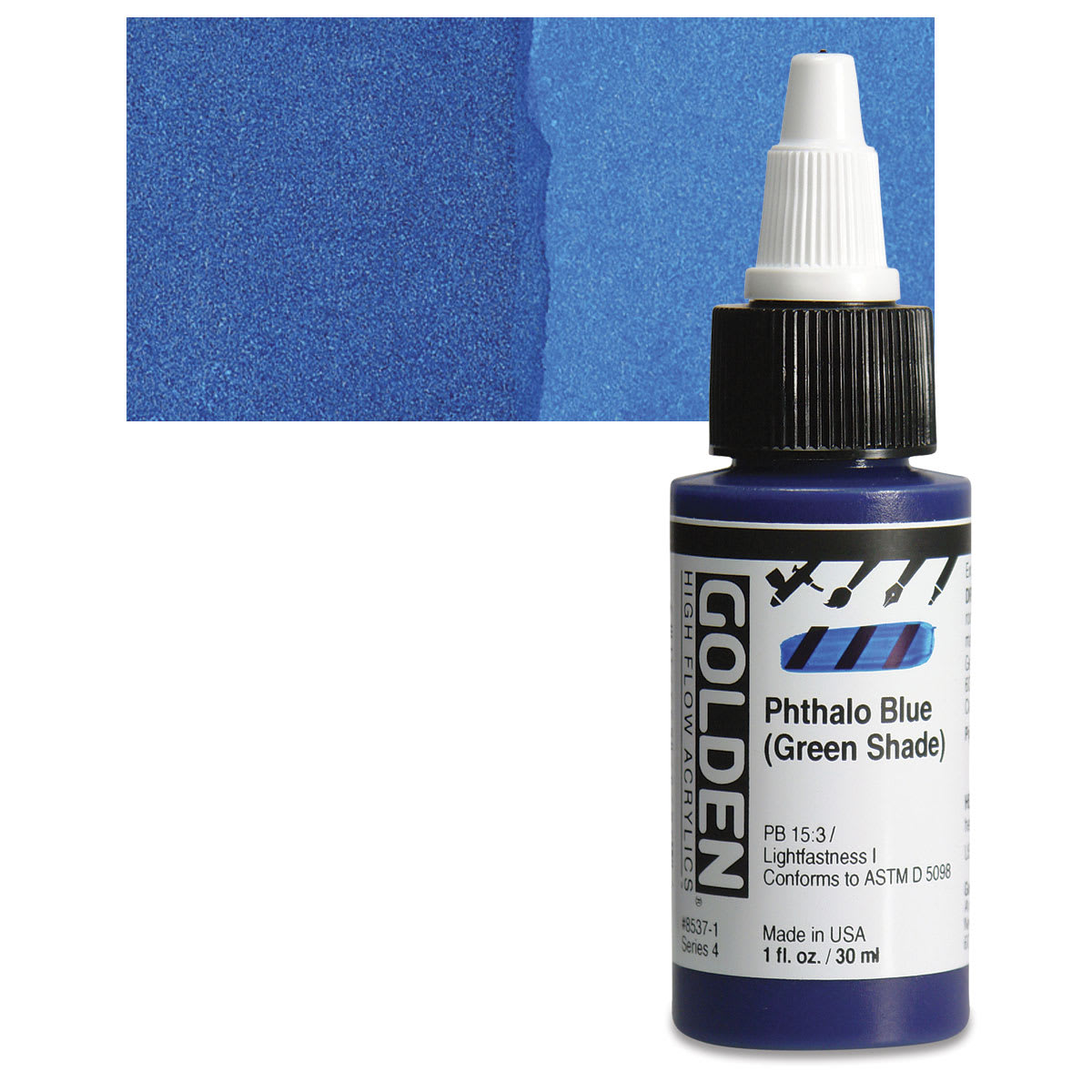 Golden High Flow Acrylic Paint - Phthalo Blue (Green Shade), 1 oz bottle and swatch Golden High Flow Acrylic Paint - Phthalo Blue (Green Shade), 1 oz bottle and swatch
