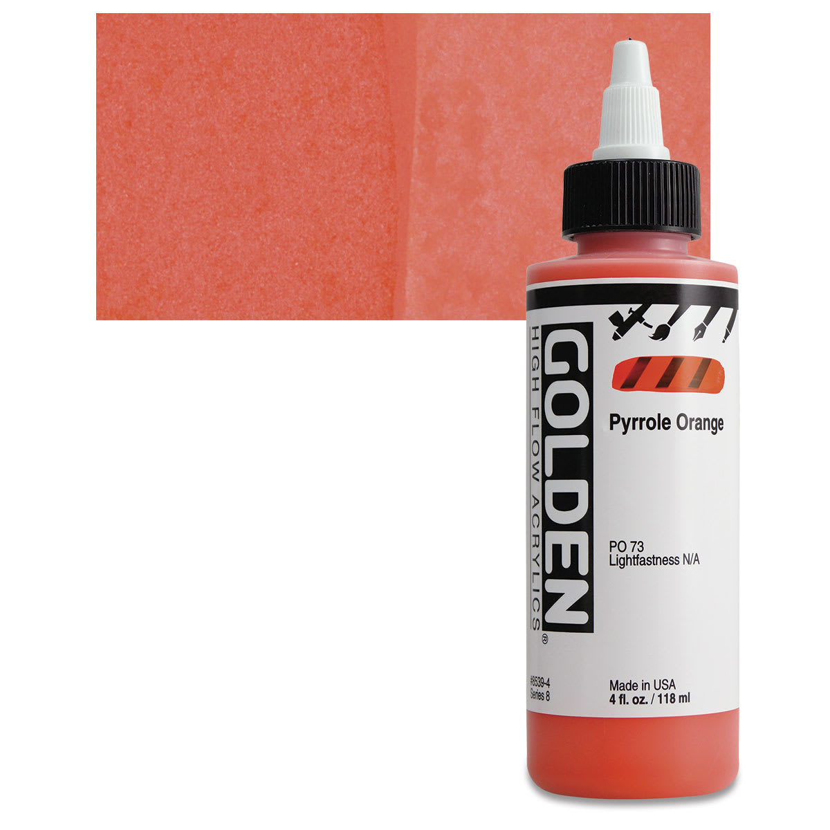 Golden High Flow Acrylic Paint - Pyrrole Orange, 4 oz bottle and swatch