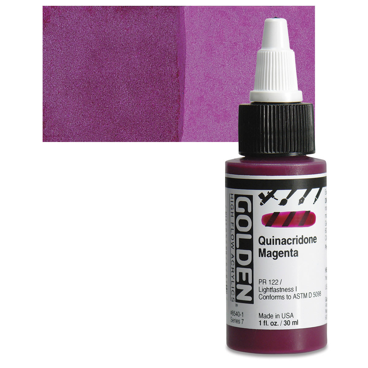 Golden High Flow Acrylic Paint - Quinacridone Magenta, 1 oz bottle and swatch
