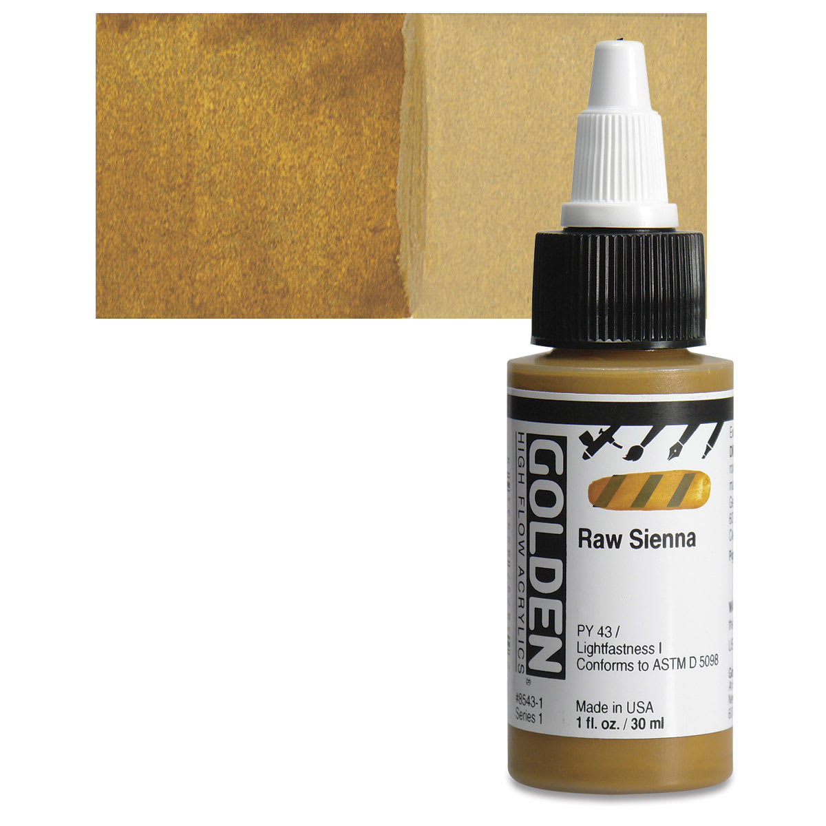 Golden High Flow Acrylic Paint - Raw Sienna, 1 oz bottle and swatch