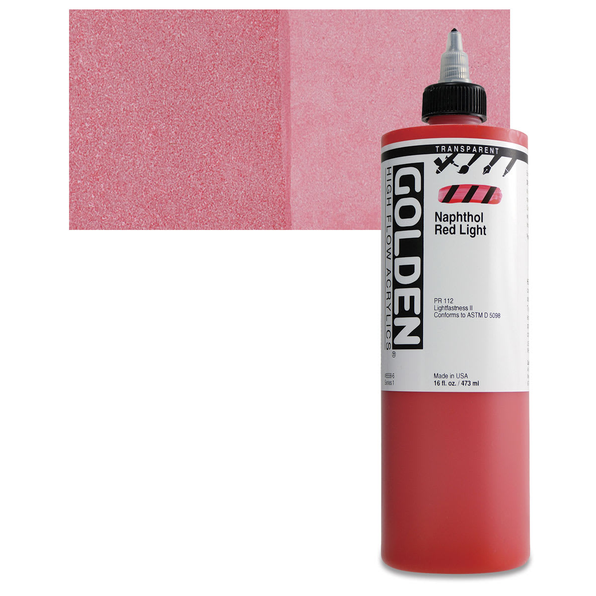 Golden High Flow Acrylic Paint - Transparent Naphthol Red Light, 16 oz bottle and swatch