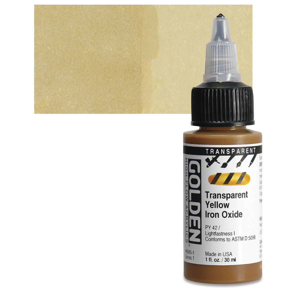Golden High Flow Acrylic Paint - Transparent Yellow Iron Oxide, 1 oz bottle and swatch