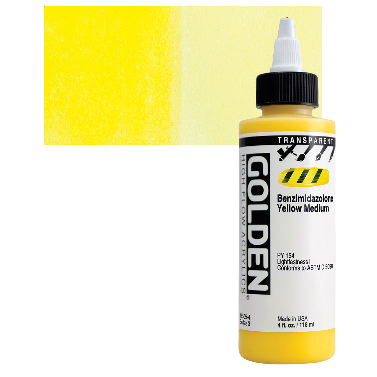 Golden High Flow Acrylic Paint - Transparent Benzimidazolone Yellow Medium, 4 oz bottle and swatch