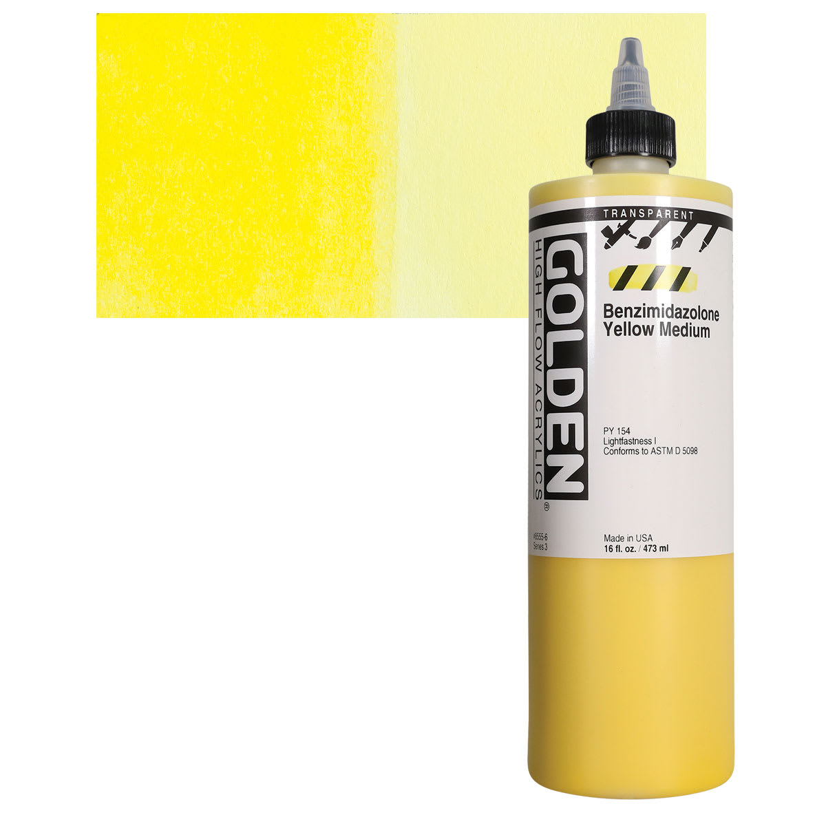 Golden High Flow Acrylic Paint - Transparent Benzimidazolone Yellow Medium, 16 oz bottle and swatch