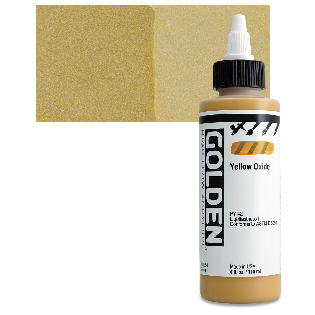 Golden High Flow Acrylic Paint - Yellow Oxide, 4 oz bottle and swatch