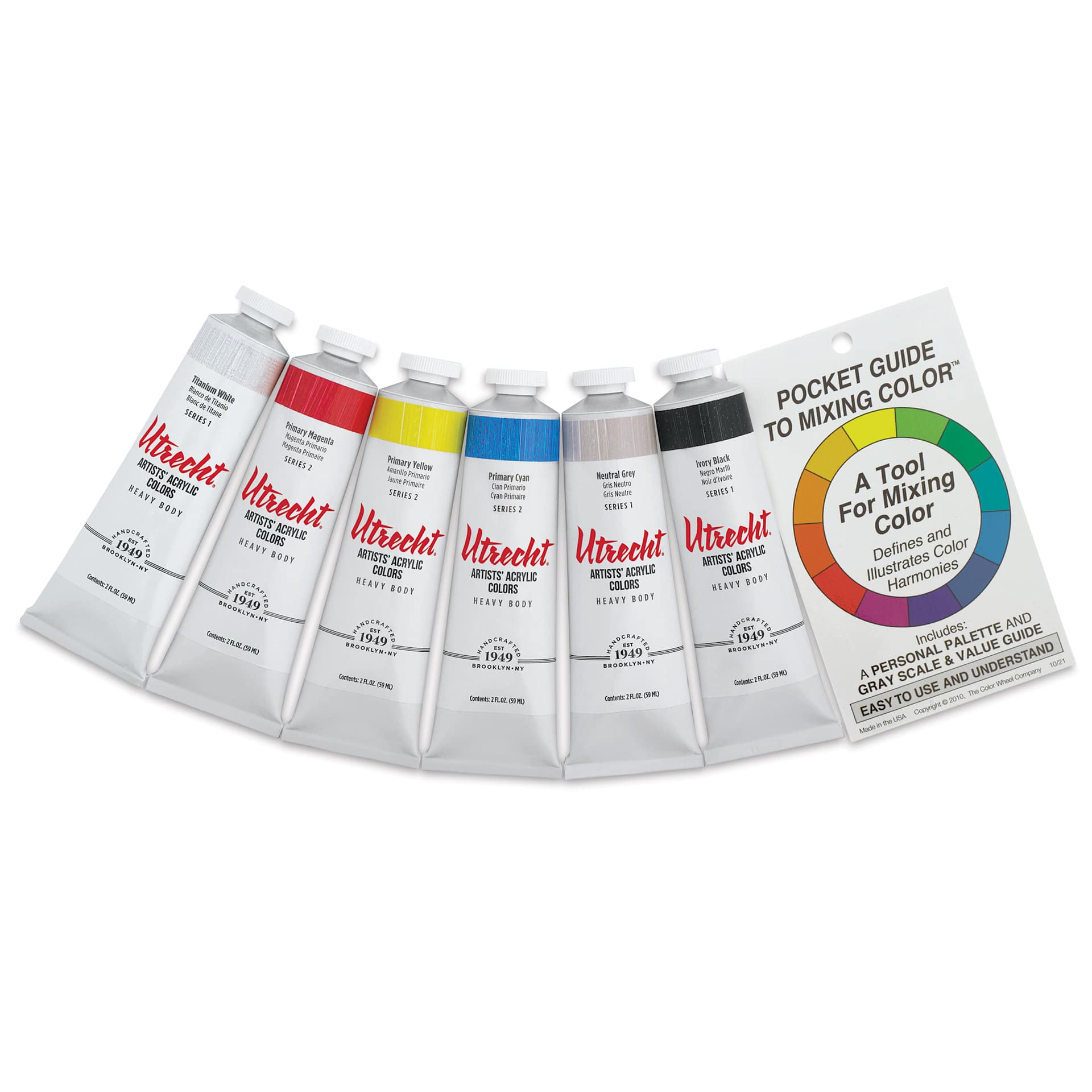 Utrecht Artists' Acrylic Paints - Set of 6, Color Theory, 59 ml, with pocket color guide