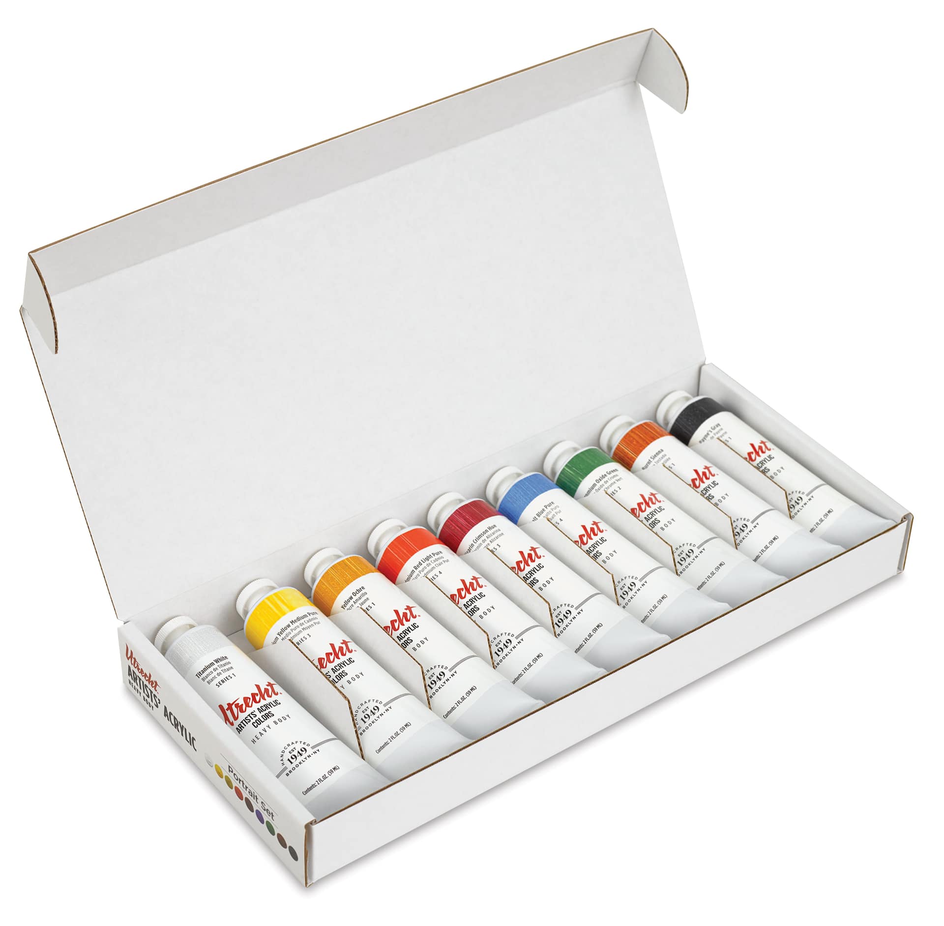 Utrecht Artists' Acrylic Paints - Set of 9, Portrait Colors, 59 ml, open packaging