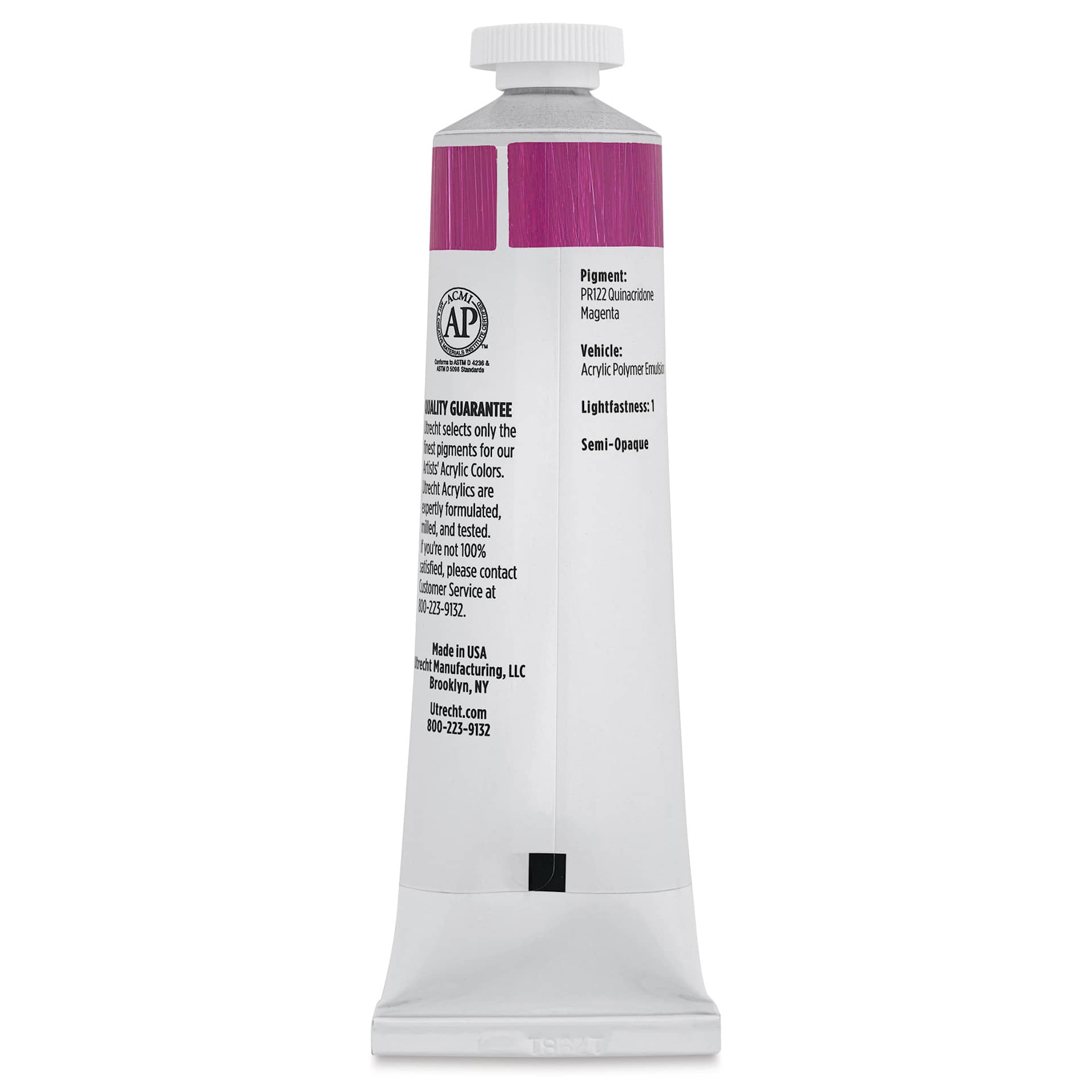 Utrecht Artists' Acrylic Paint - Medium Magenta, 2 oz tube (back of tube)