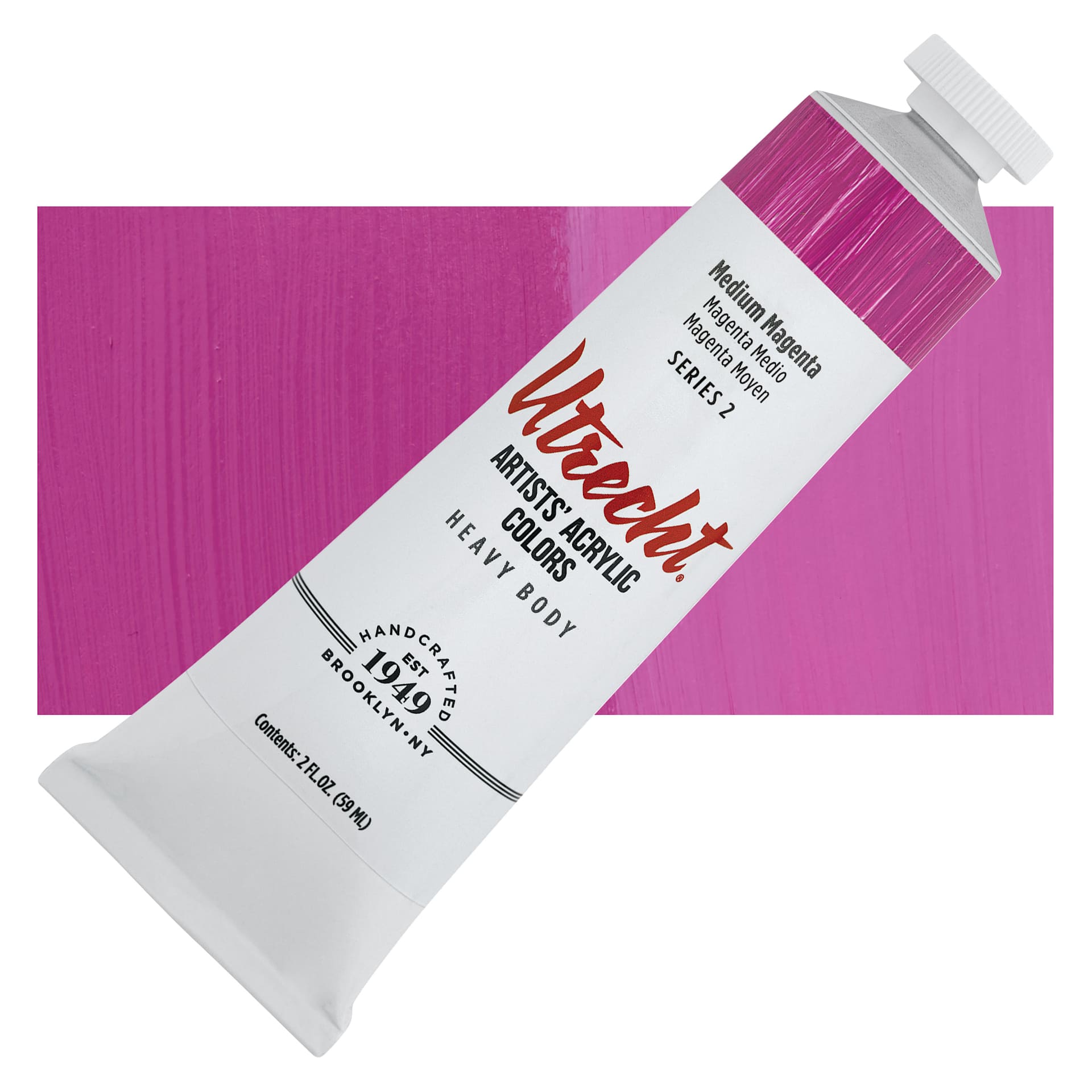Utrecht Artists' Acrylic Paint - Medium Magenta, 2 oz tube and swatch