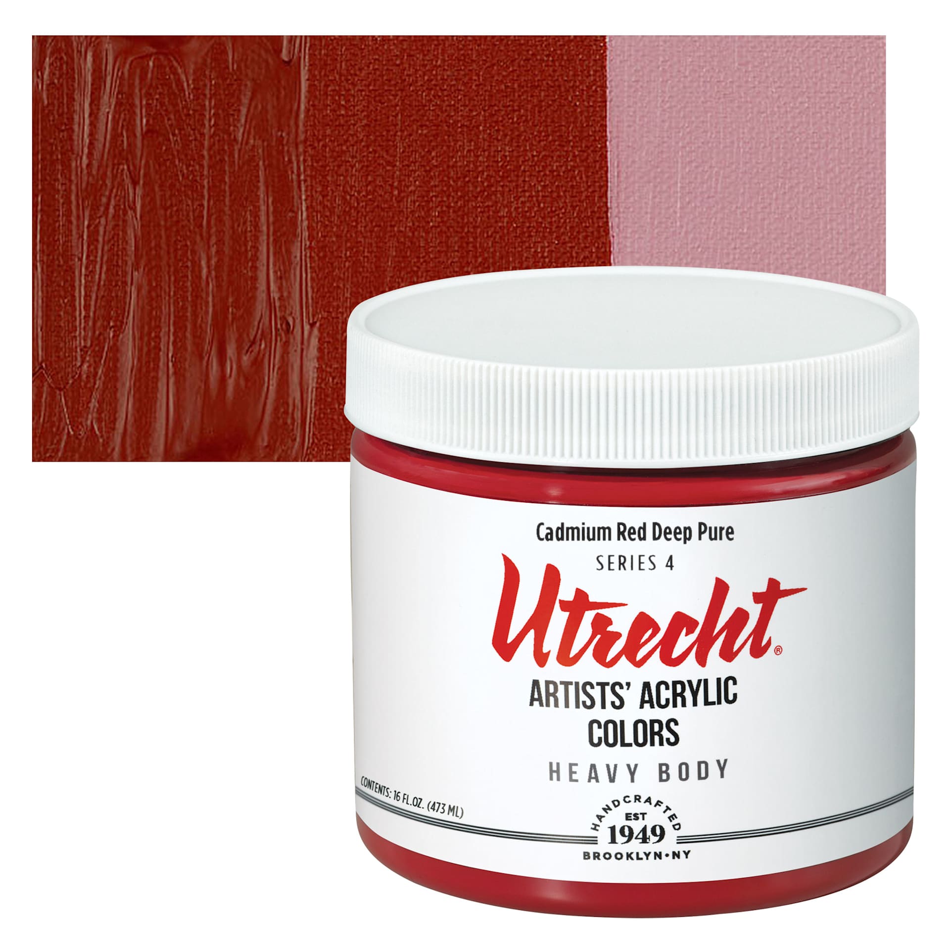 Utrecht Artists' Acrylic Paint - Cadmium Red Extra Deep, Pint and swatch