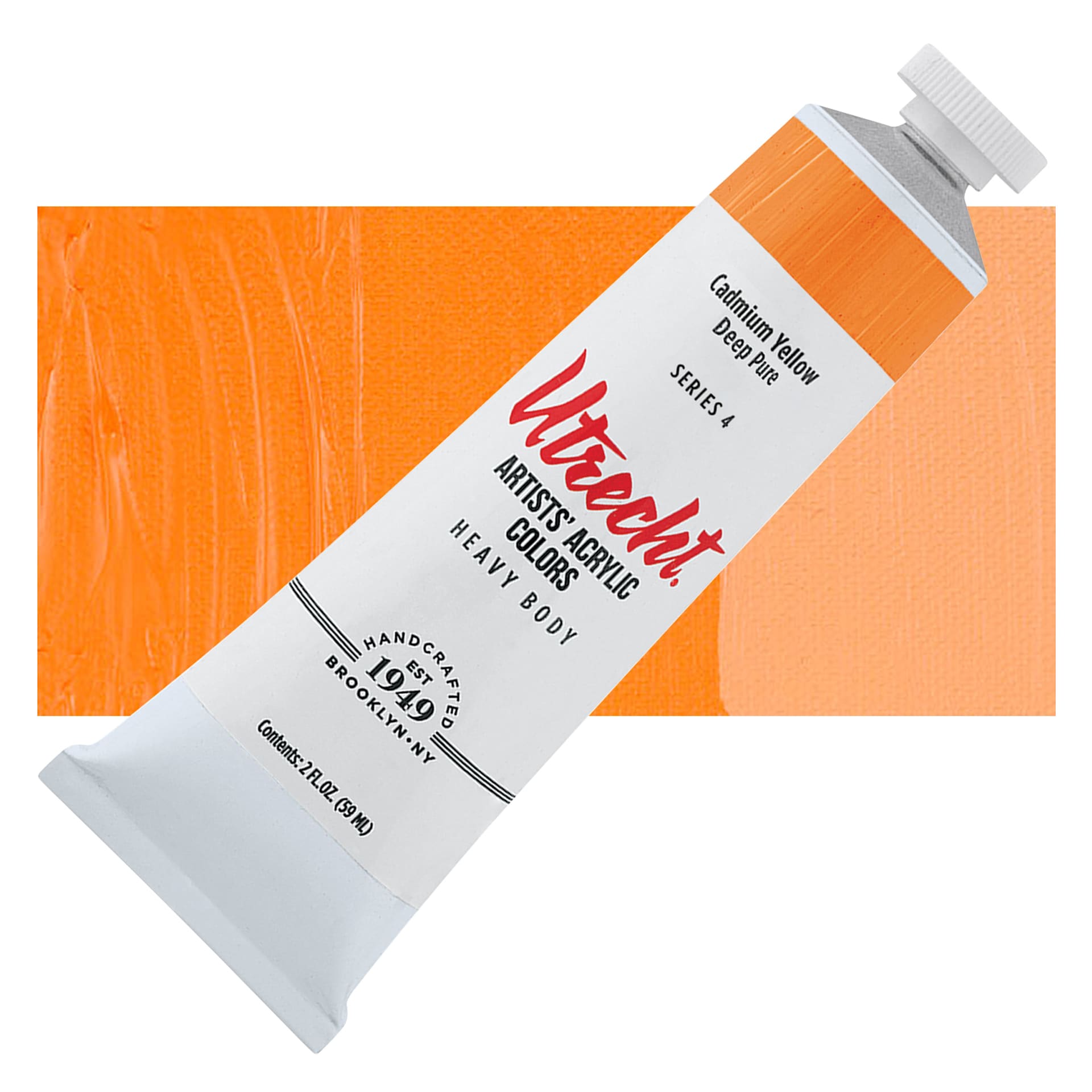Utrecht Artists' Acrylic Paint - Cadmium Yellow Deep Pure, 2 oz tube and swatch
