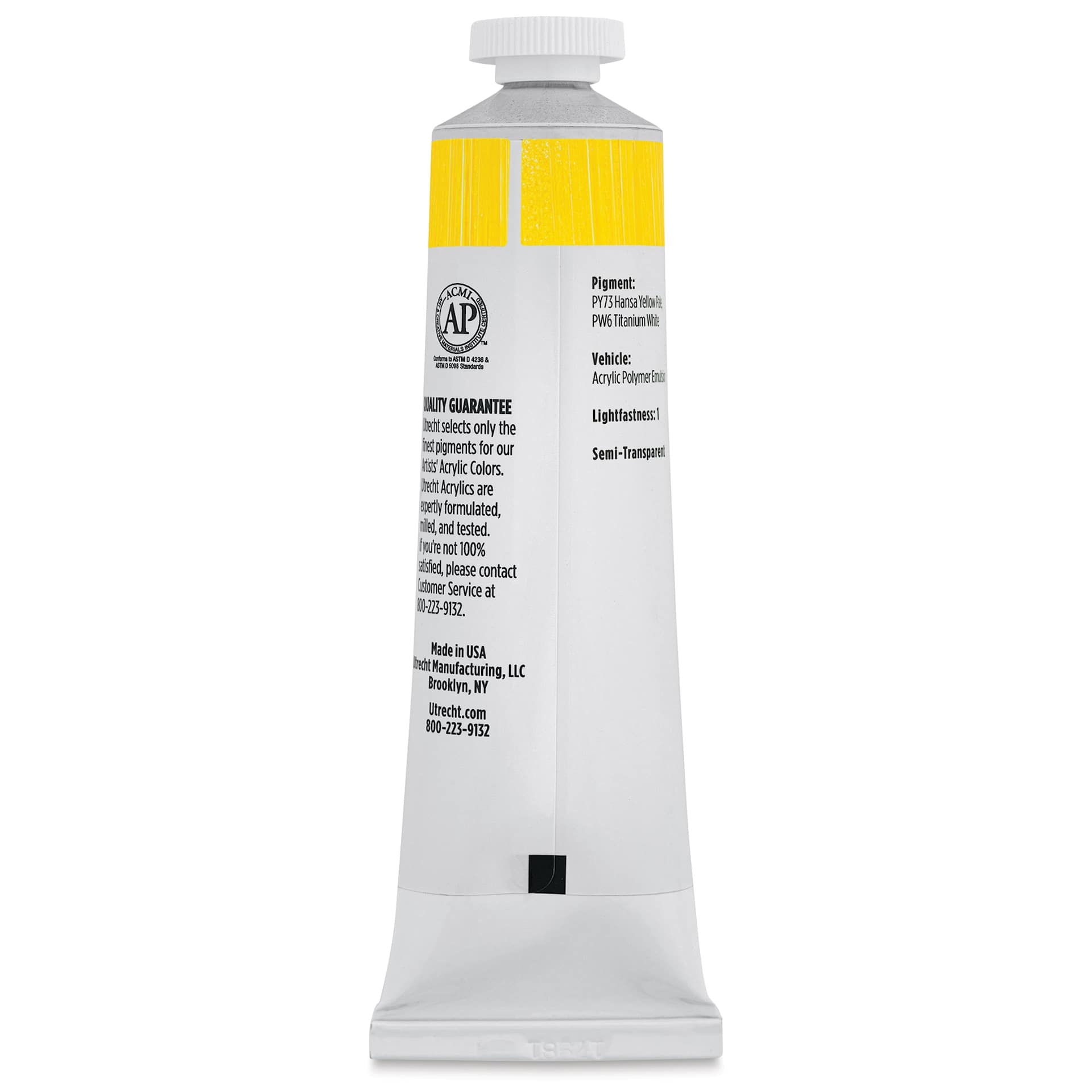 Utrecht Artists' Acrylic Paint - Primary Yellow, 2 oz tube (back of tube)