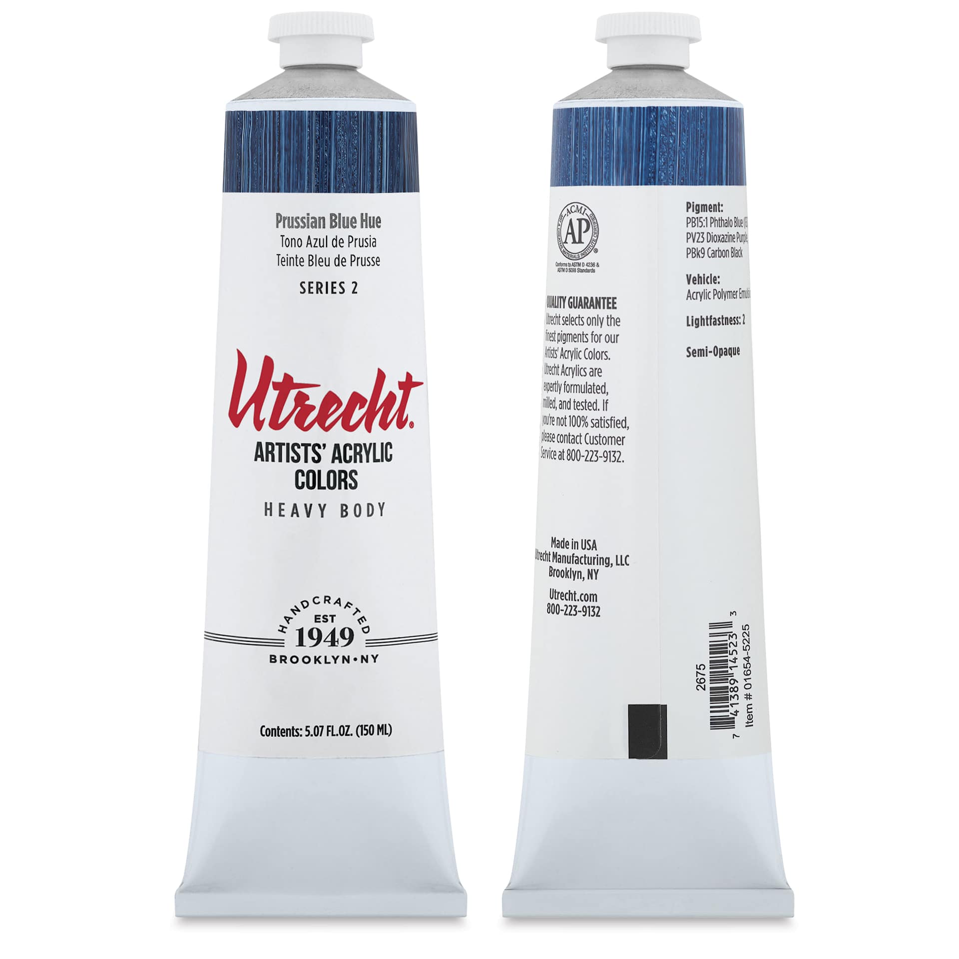 Utrecht Artists' Acrylic Paint - Prussian Blue Hue, 5 oz Tube, front and back of tube