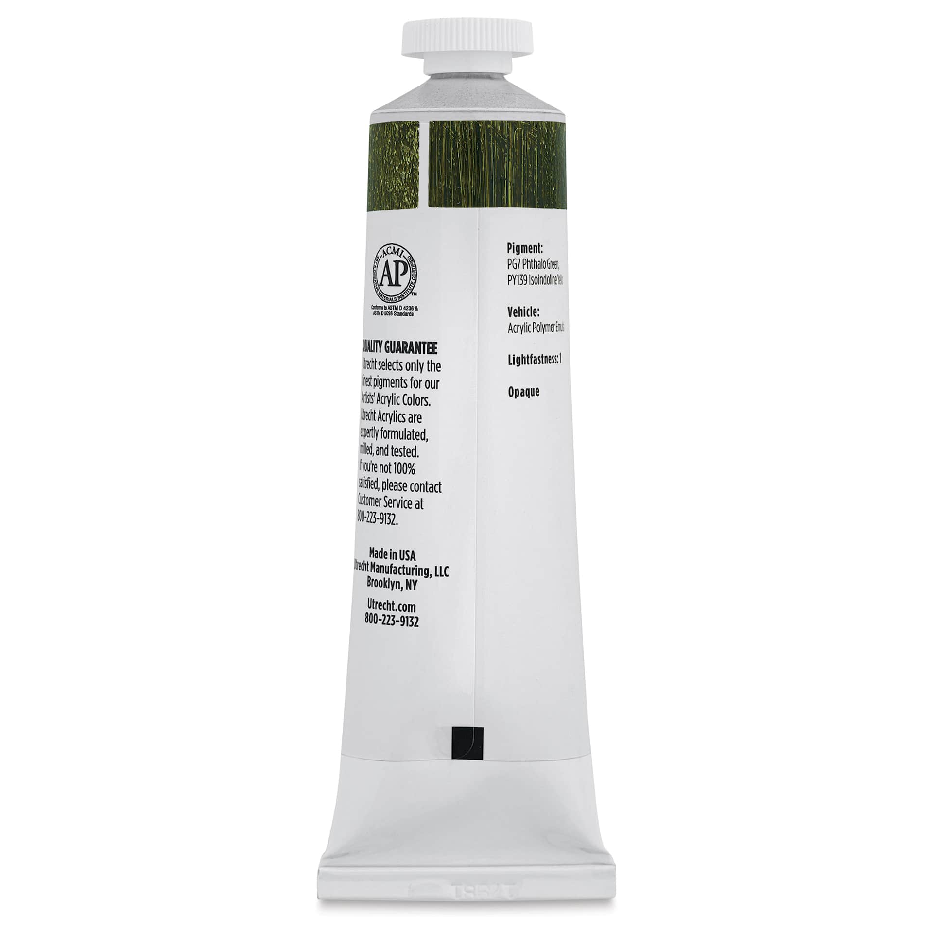 Utrecht Artists' Acrylic Paint - Olive Green, 2 oz tube (back of tube)