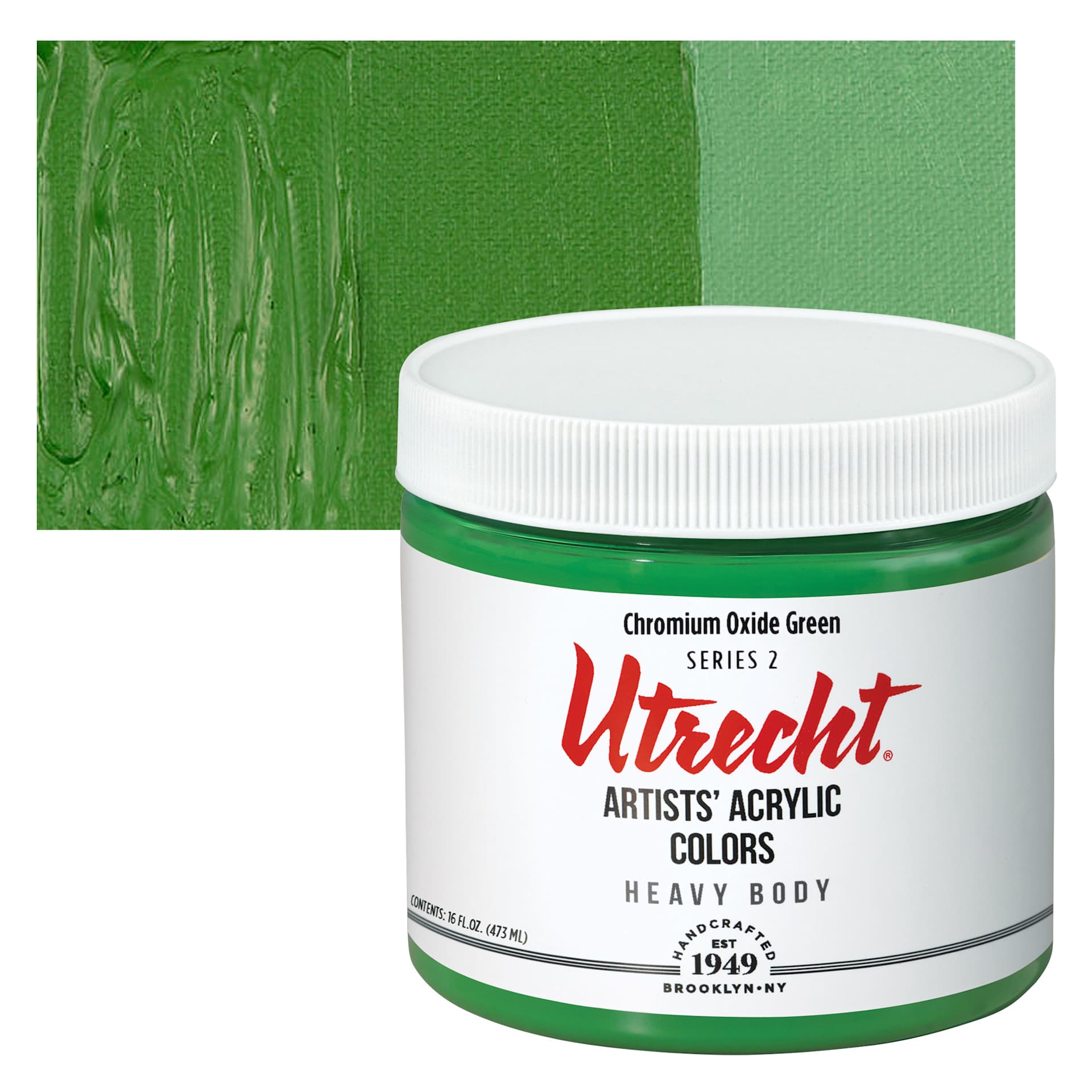 Utrecht Artists' Acrylic Paint - Chromium Oxide Green, Pint and swatch