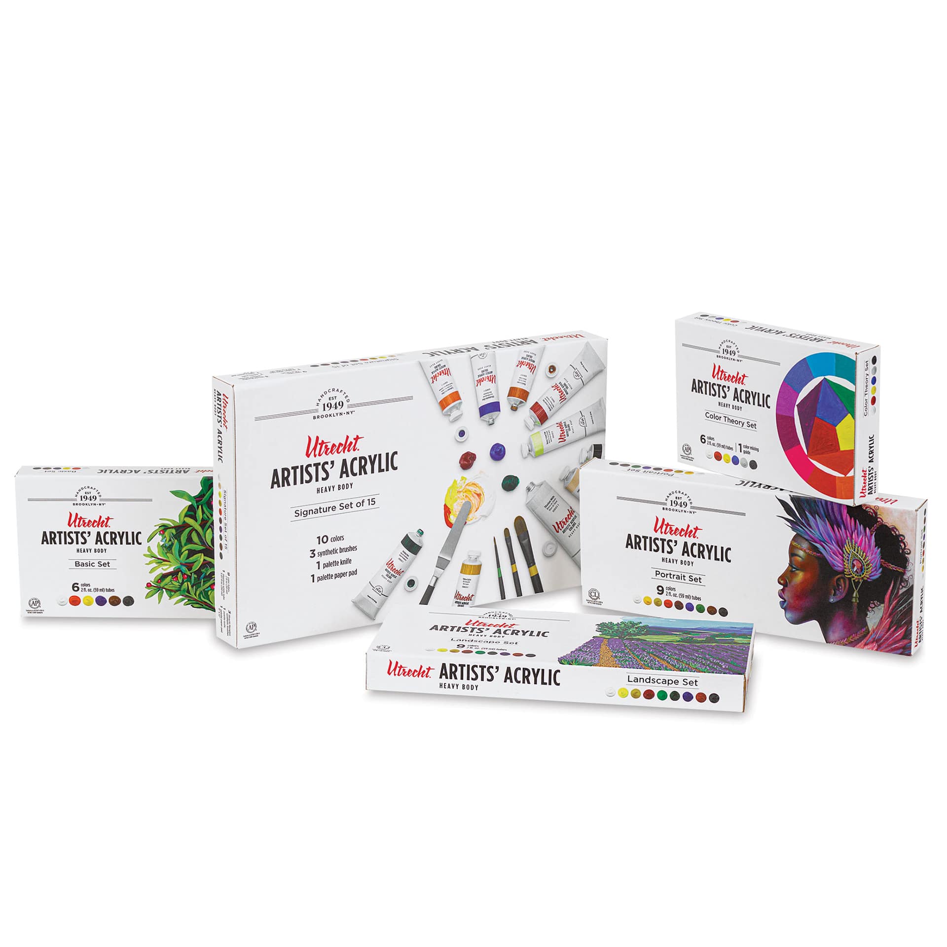 Utrecht Artists' Acrylic Paint and Sets, multiple sets laid out